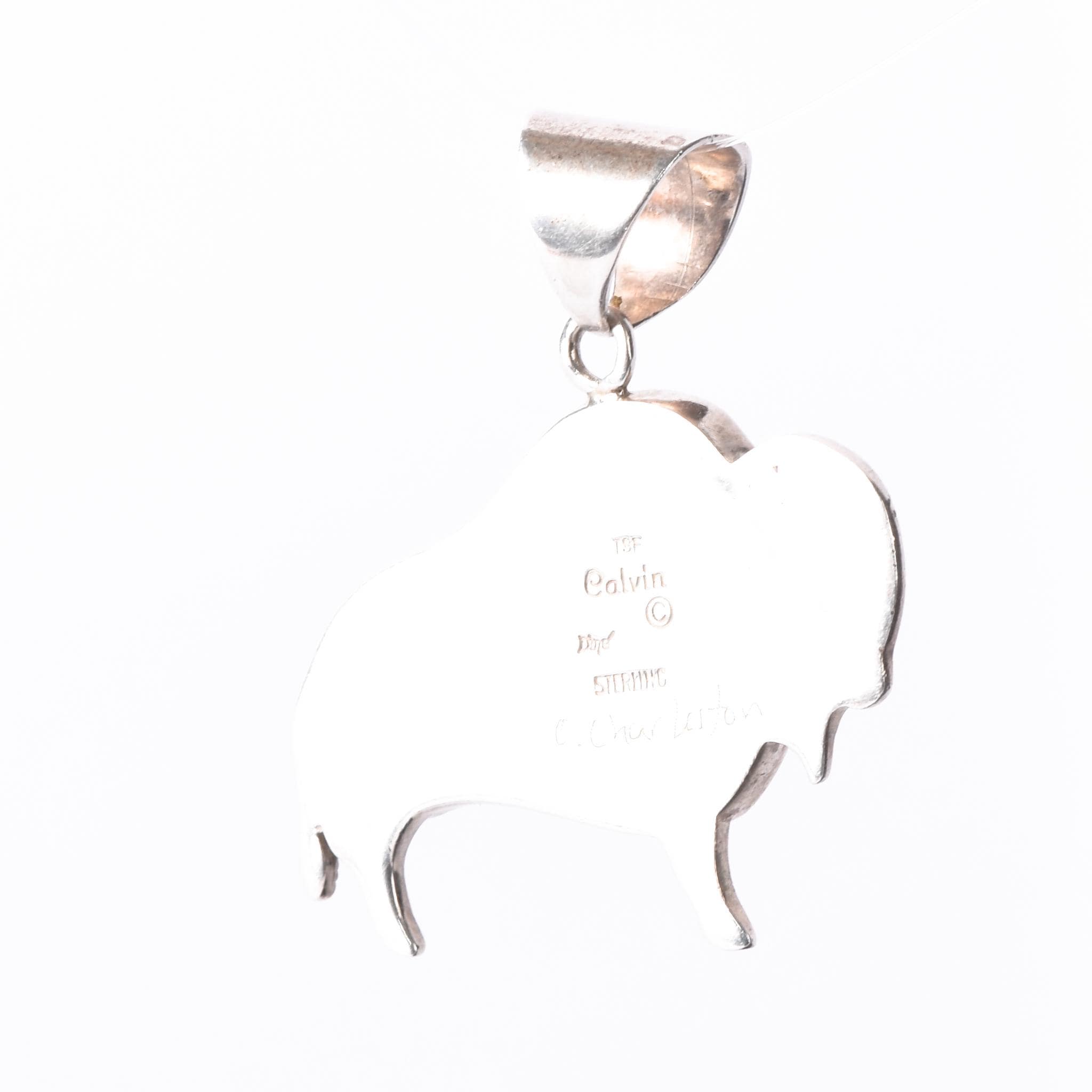 Signed Olson Charleston Sterling Silver Multi-Gemstone Inlay Buffalo Pendant