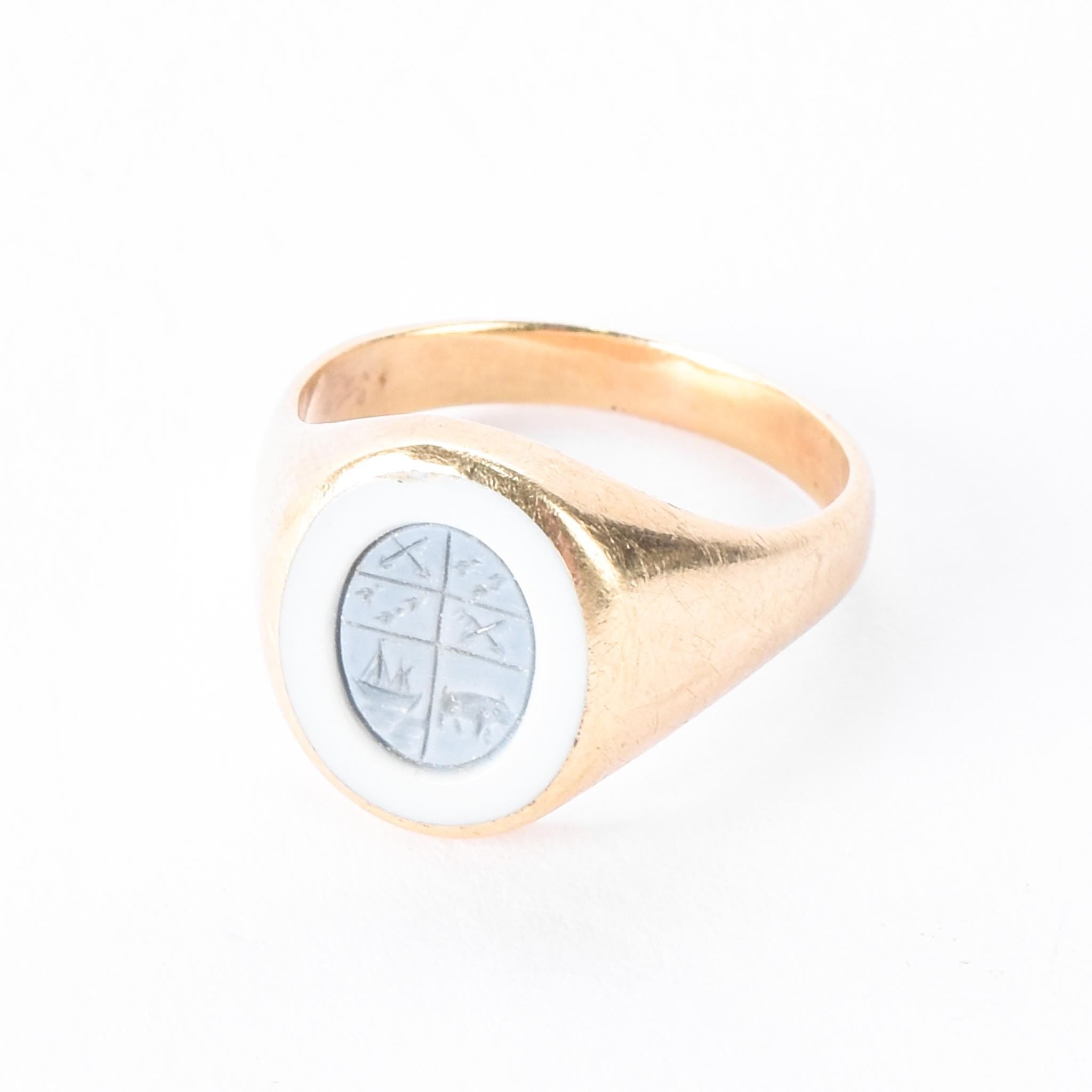 14K Gold Intaglio Blue Sardonyx Family Crest Ring
