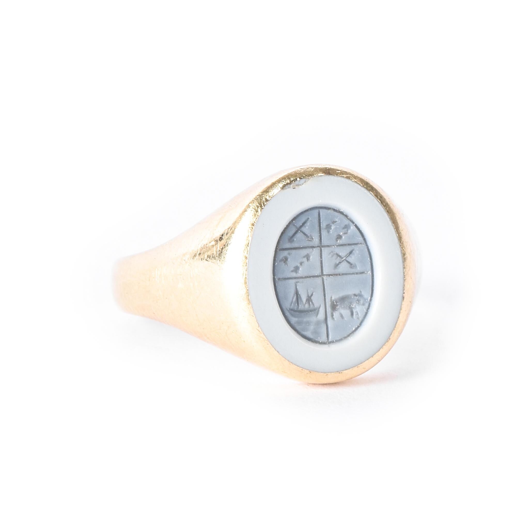 14K Gold Intaglio Blue Sardonyx Family Crest Ring