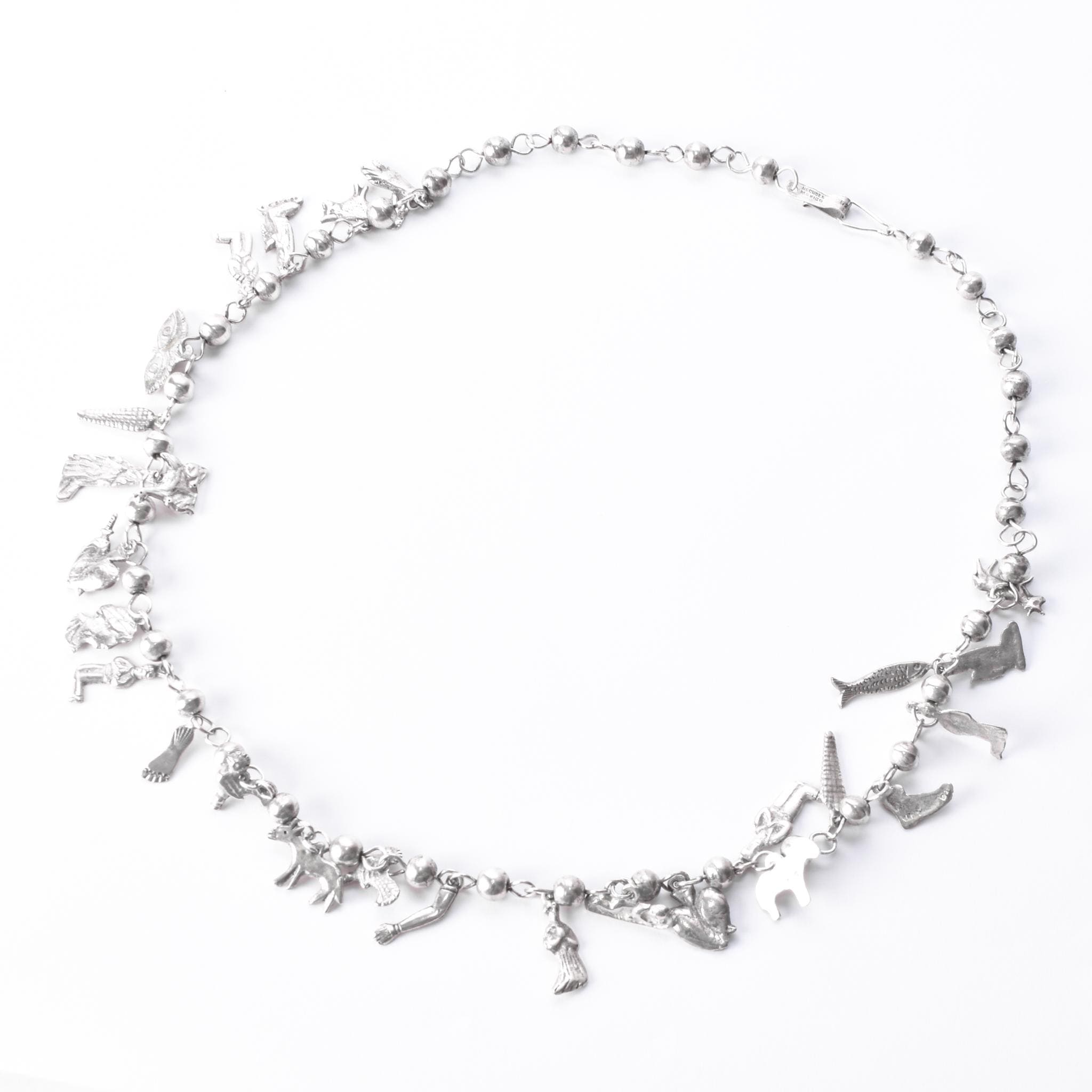 Vintage 925 Sterling Silver Mexican Milagros Charm Necklace, 31in
