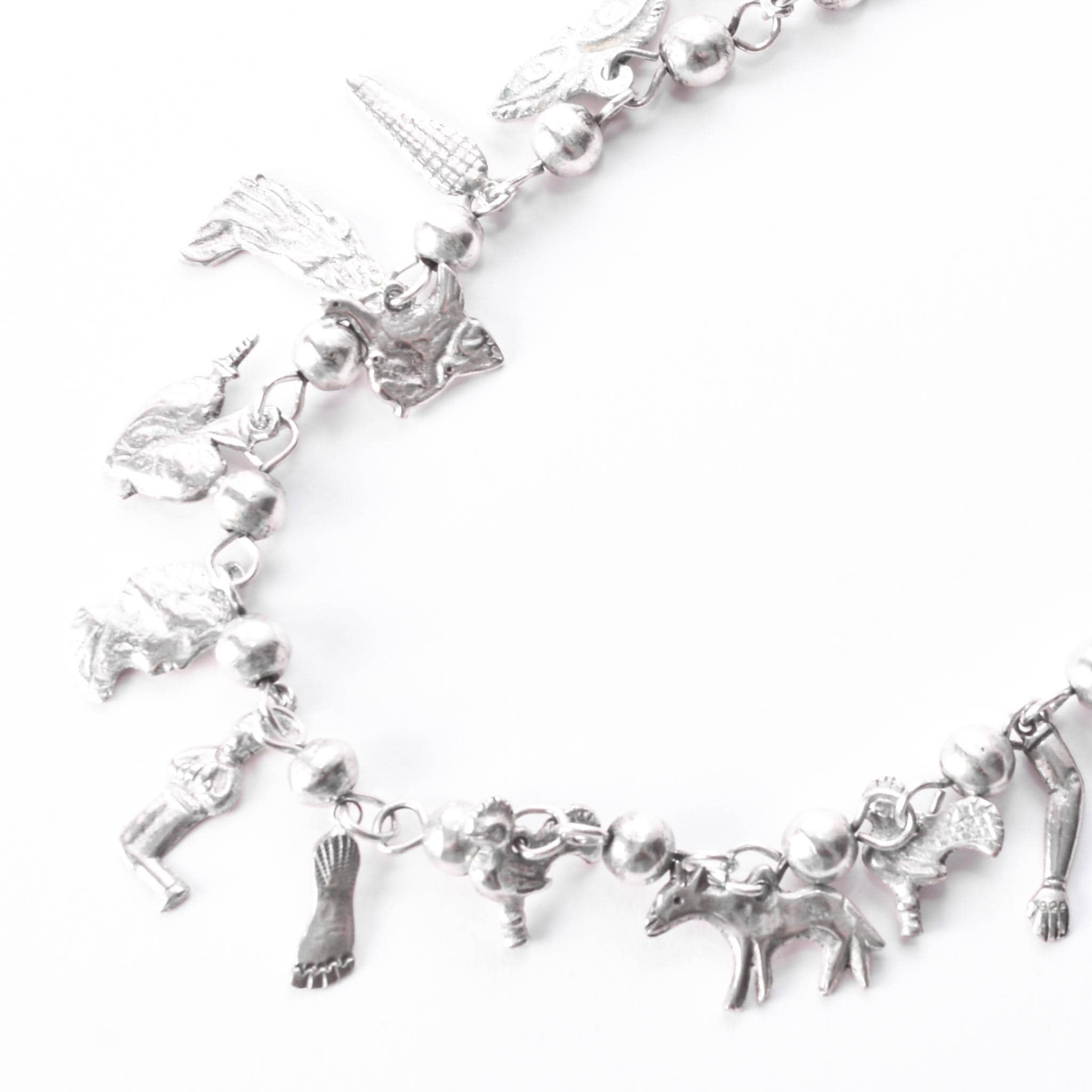 Vintage 925 Sterling Silver Mexican Milagros Charm Necklace, 31in
