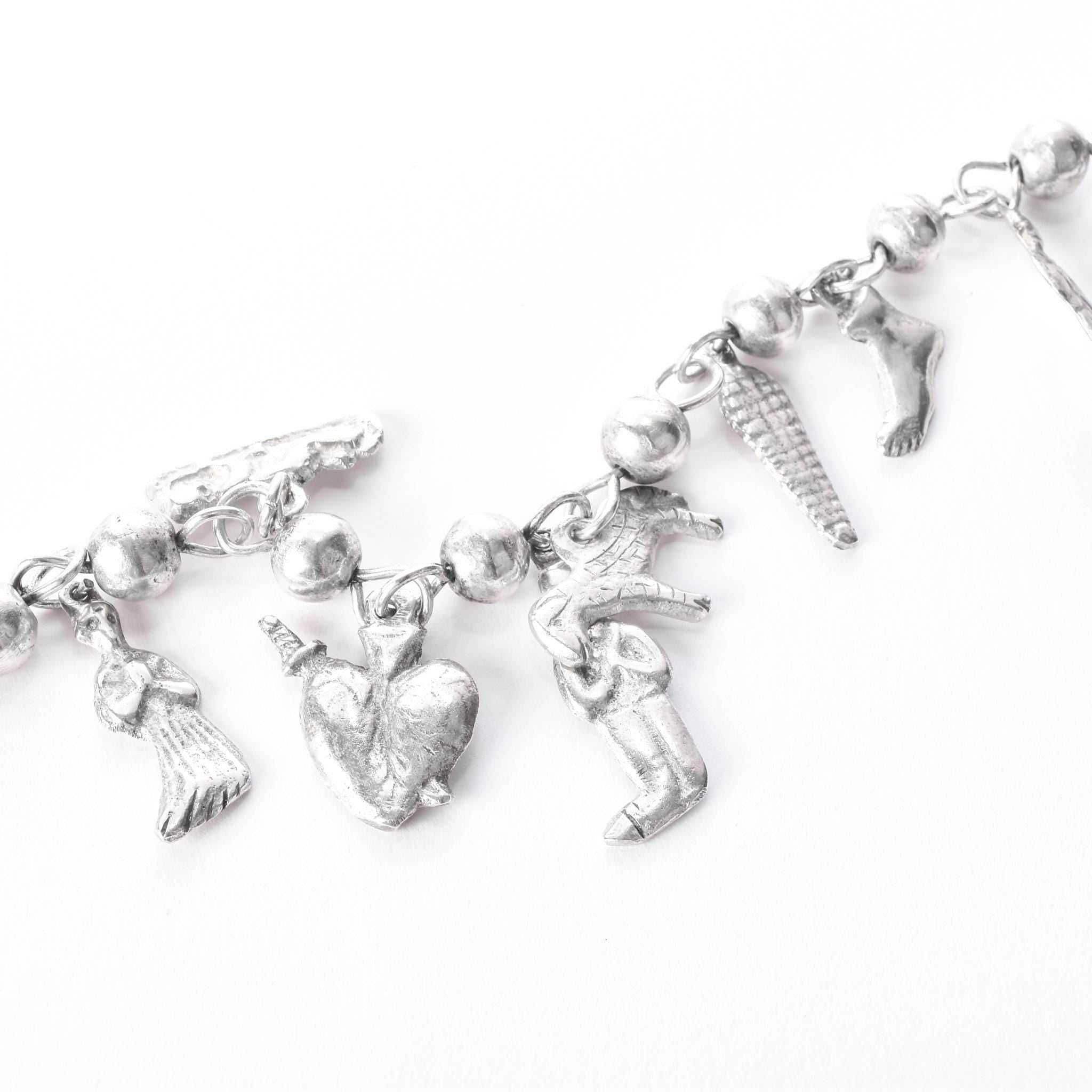 Vintage 925 Sterling Silver Mexican Milagros Charm Necklace, 31in