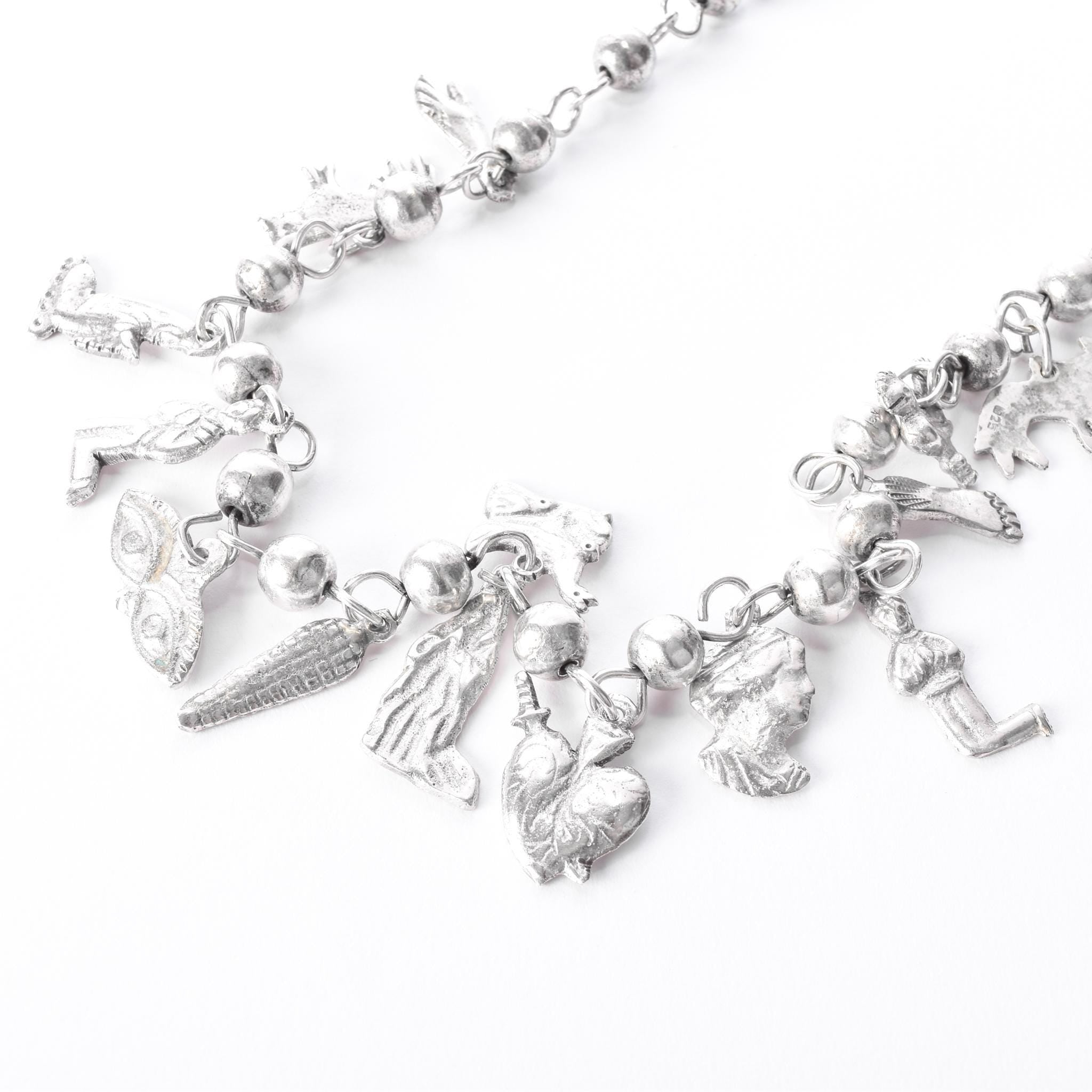 Vintage 925 Sterling Silver Mexican Milagros Charm Necklace, 31in