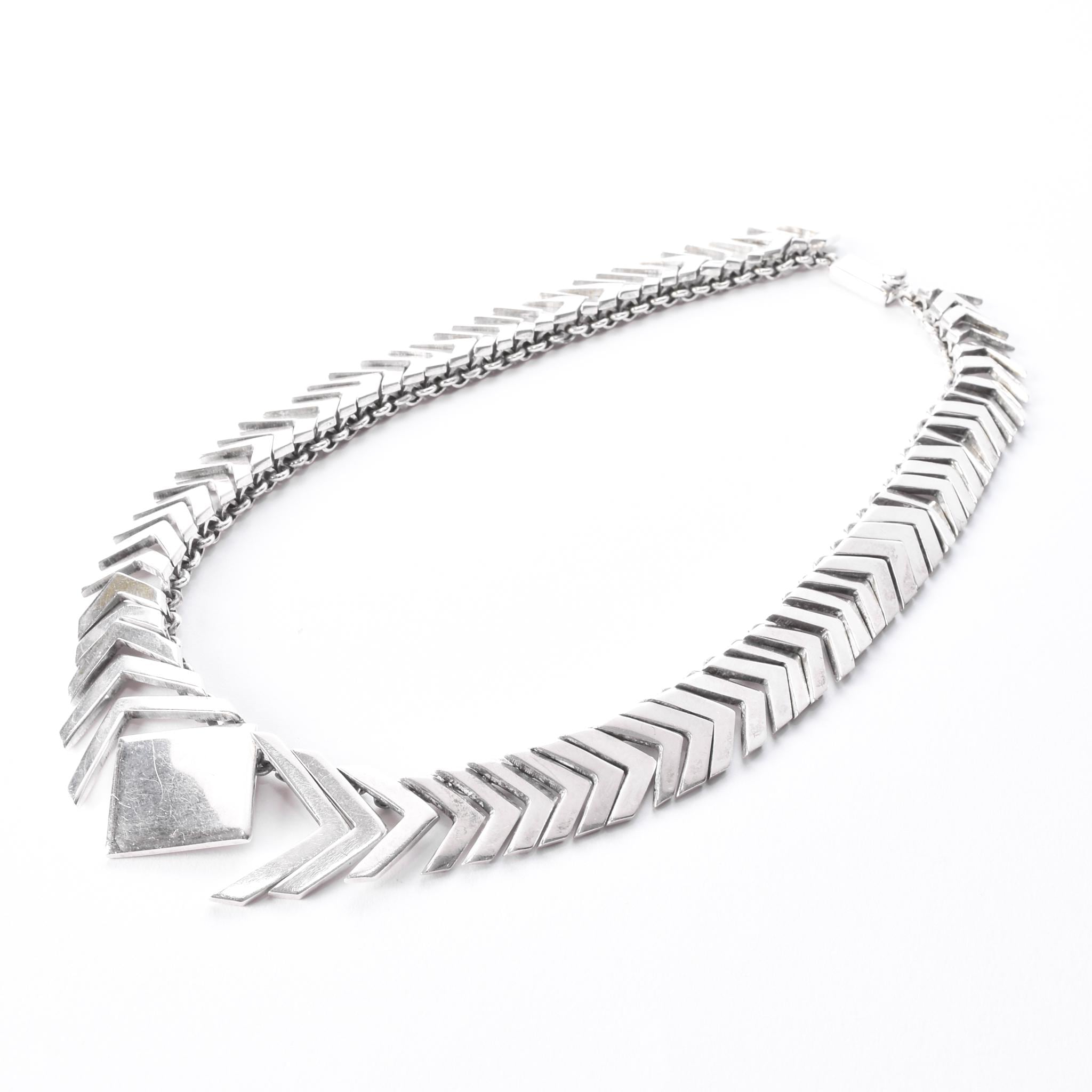 Sterling Silver Modernist Herringbone Link Collar Necklace
