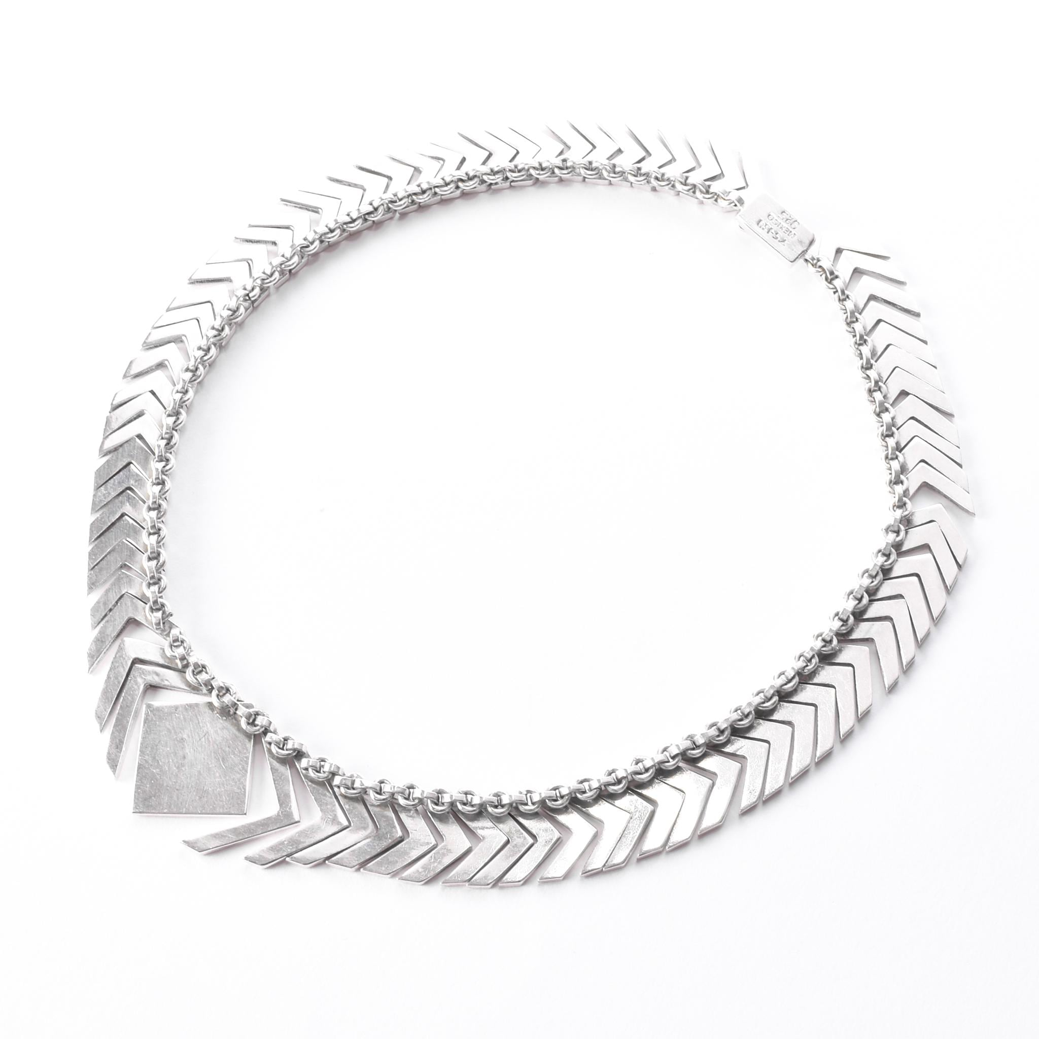 Sterling Silver Modernist Herringbone Link Collar Necklace