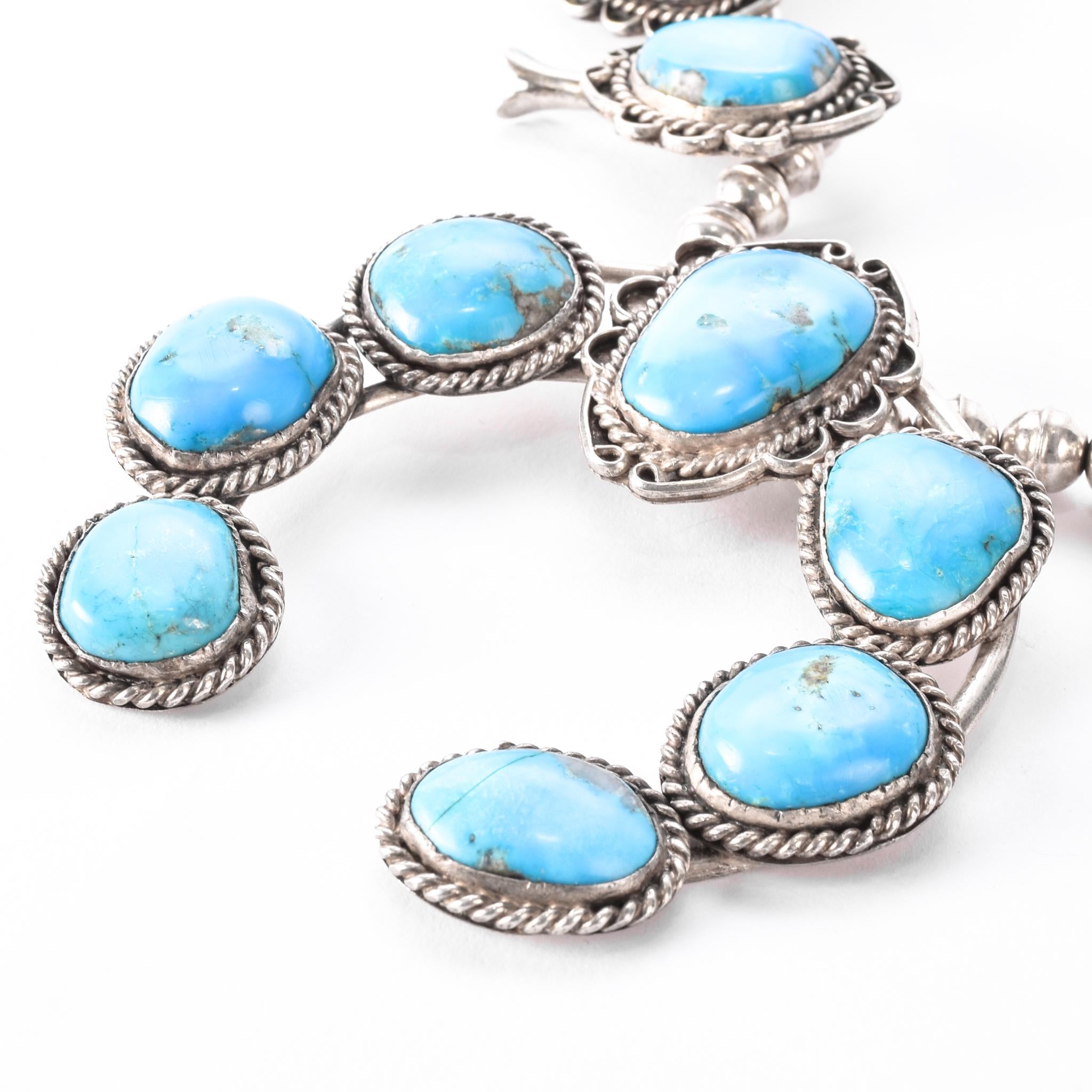 Navajo Sterling Silver Turquoise Squash Blossom Collar Necklace, 18in