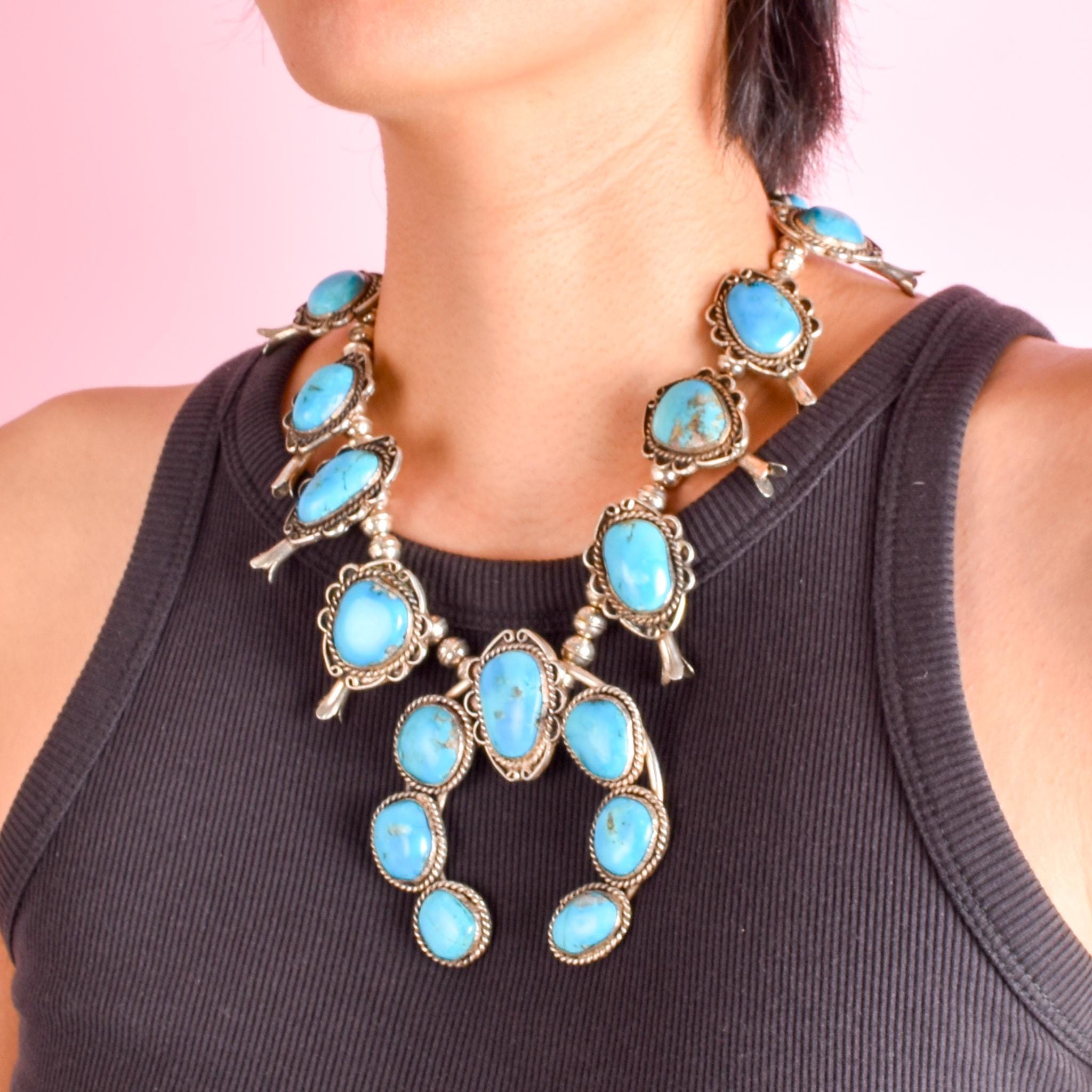 Navajo Sterling Silver Turquoise Squash Blossom Collar Necklace, 18in