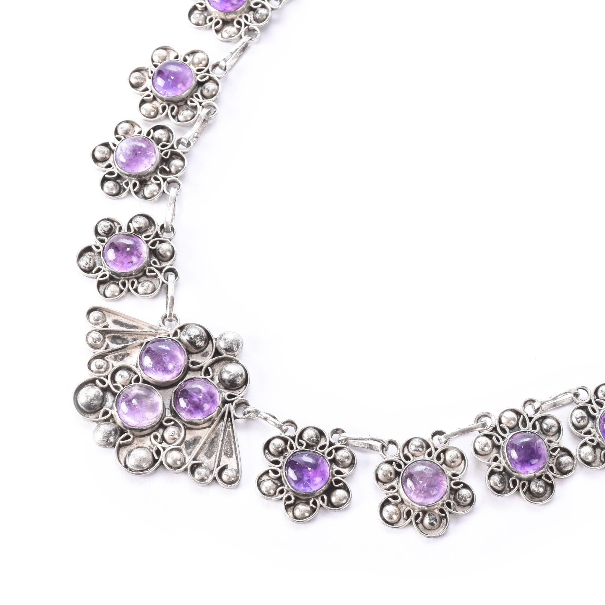 Art Nouveau Sterling Silver Amethyst Cabochon Floral Link Necklace