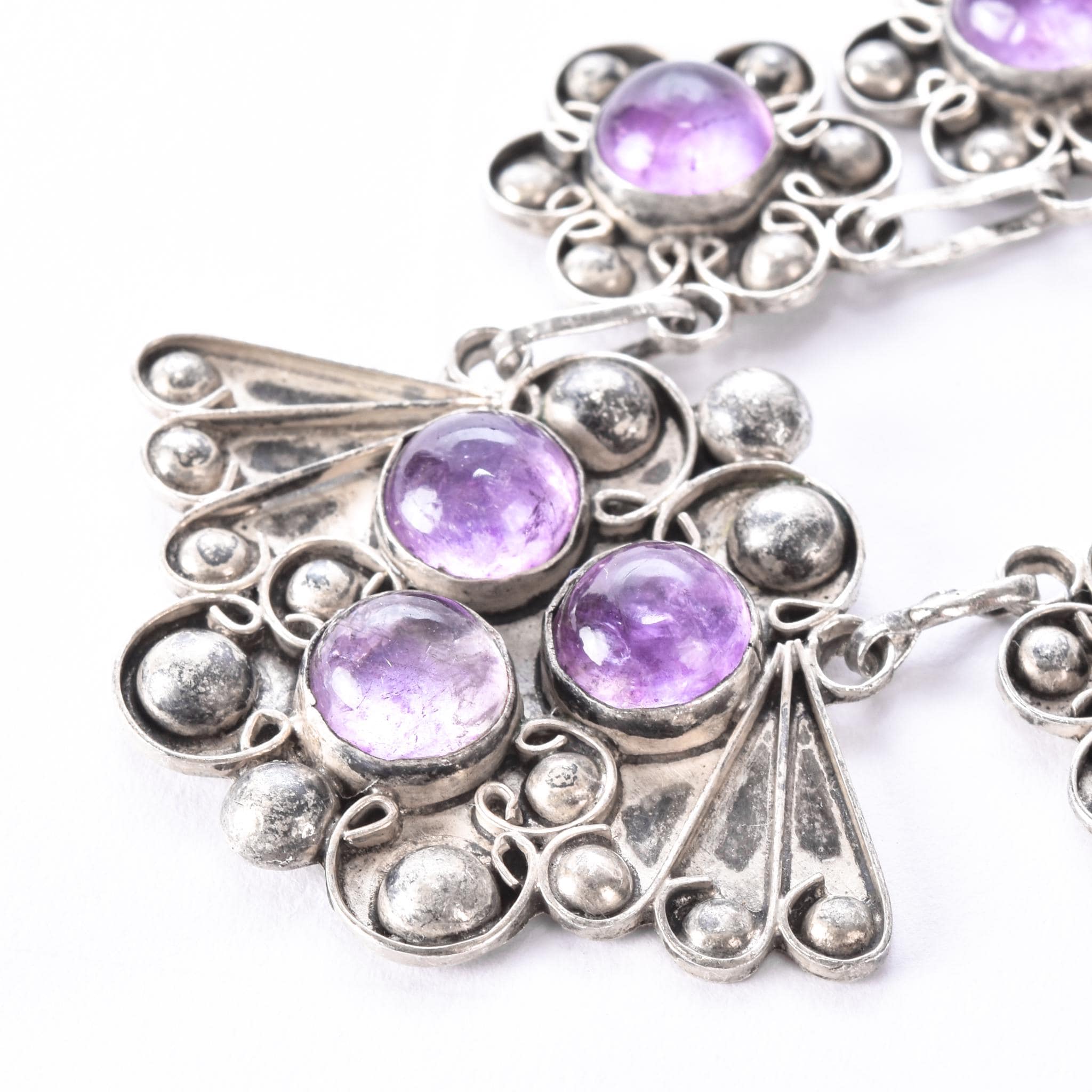 Art Nouveau Sterling Silver Amethyst Cabochon Floral Link Necklace