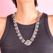 Art Nouveau Sterling Silver Amethyst Cabochon Floral Link Necklace