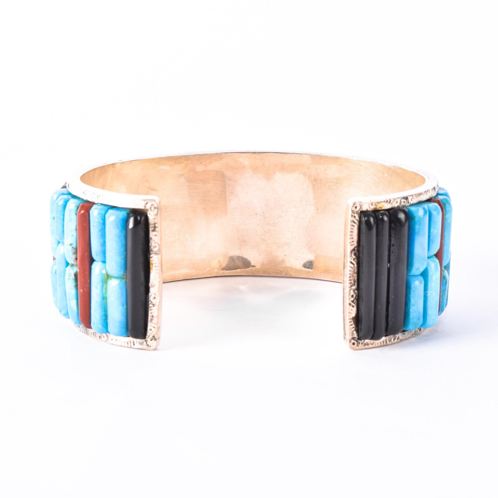 Massive Sterling Silver & Turquoise Multi-Gemstone Cobblestone Inlay Cuff Bracelet