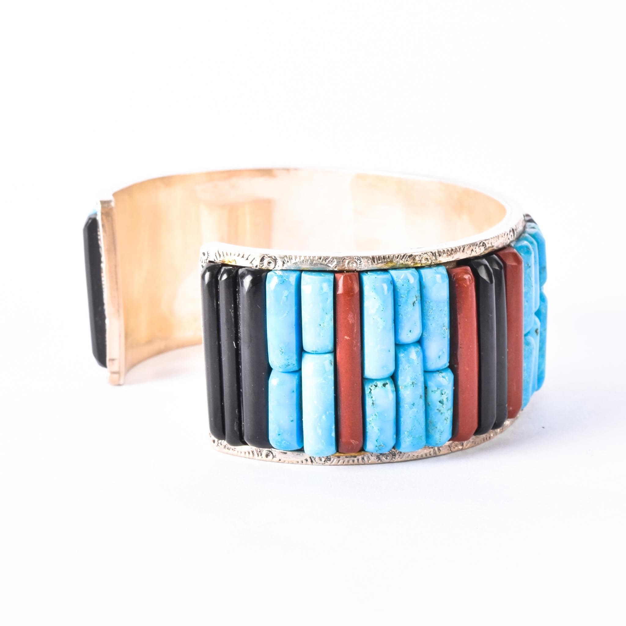 Massive Sterling Silver & Turquoise Multi-Gemstone Cobblestone Inlay Cuff Bracelet