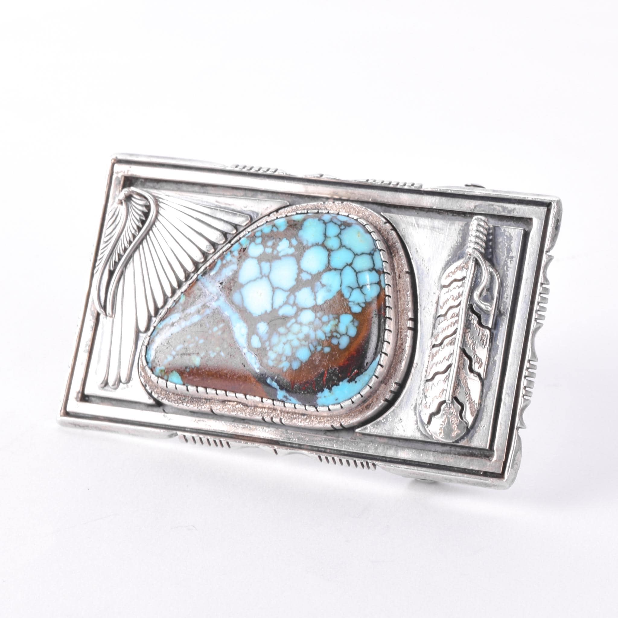 Signed Navajo Leonard Nez Sterling Silver and Turquoise Belt Buckle