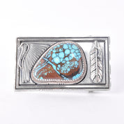 Signed Navajo Leonard Nez Sterling Silver and Turquoise Belt Buckle