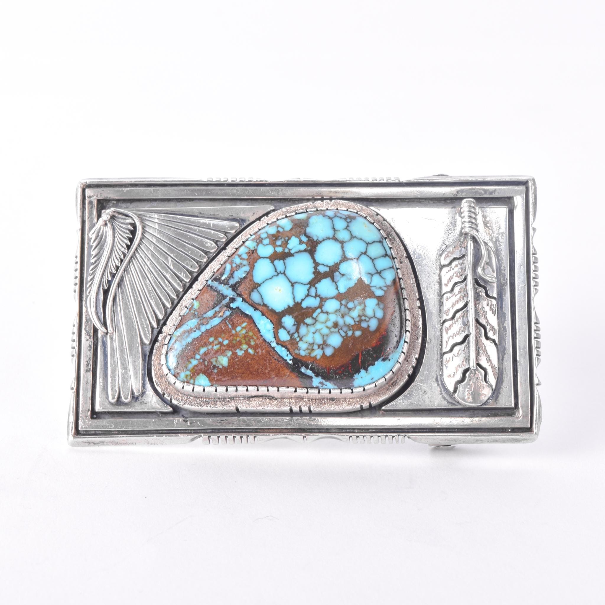 Signed Navajo Leonard Nez Sterling Silver and Turquoise Belt Buckle