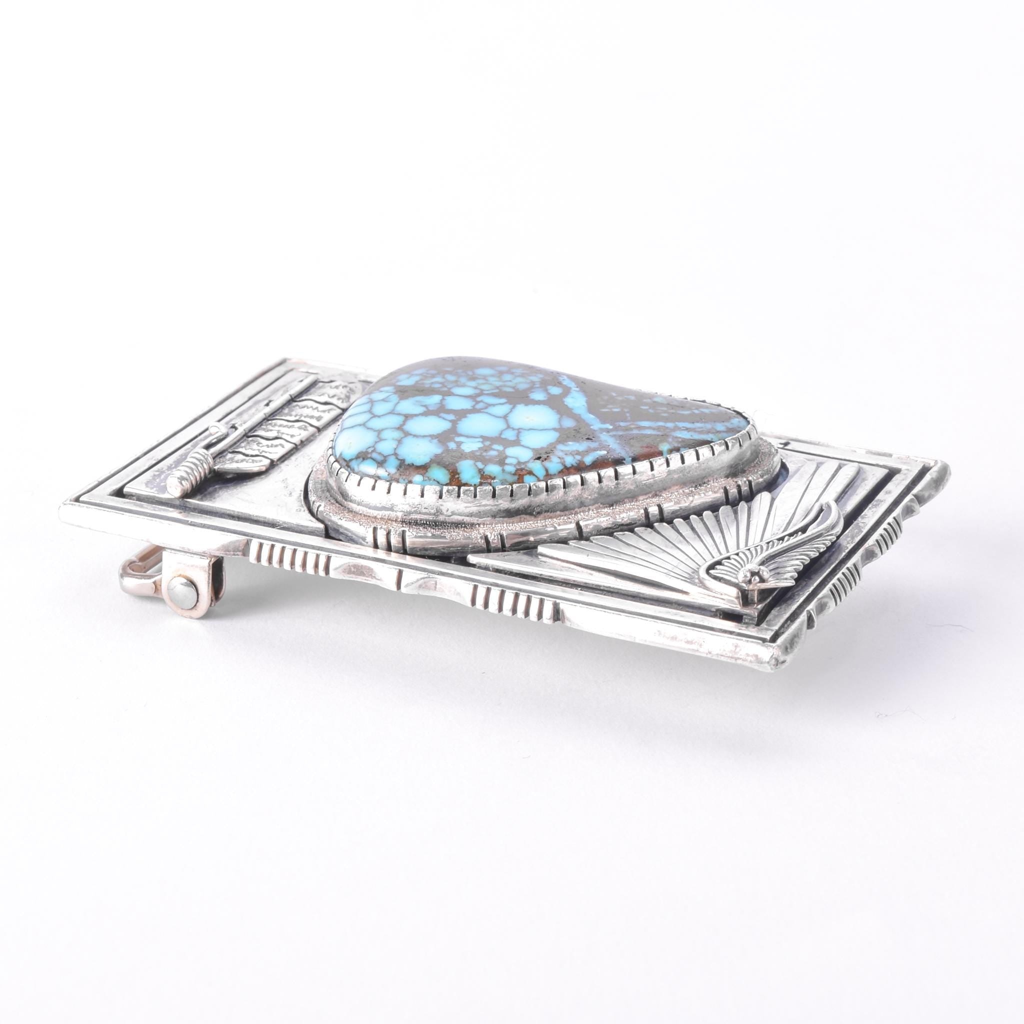 Signed Navajo Leonard Nez Sterling Silver and Turquoise Belt Buckle