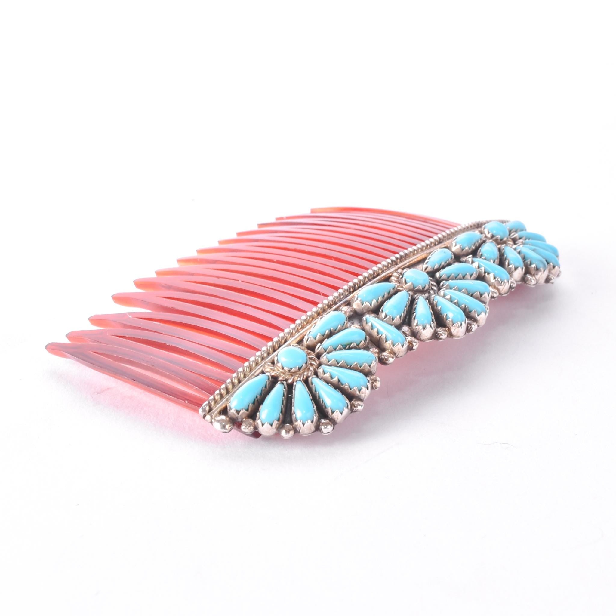 Zuni Sterling Silver and Turquoise Petit Point Hair Comb Barette