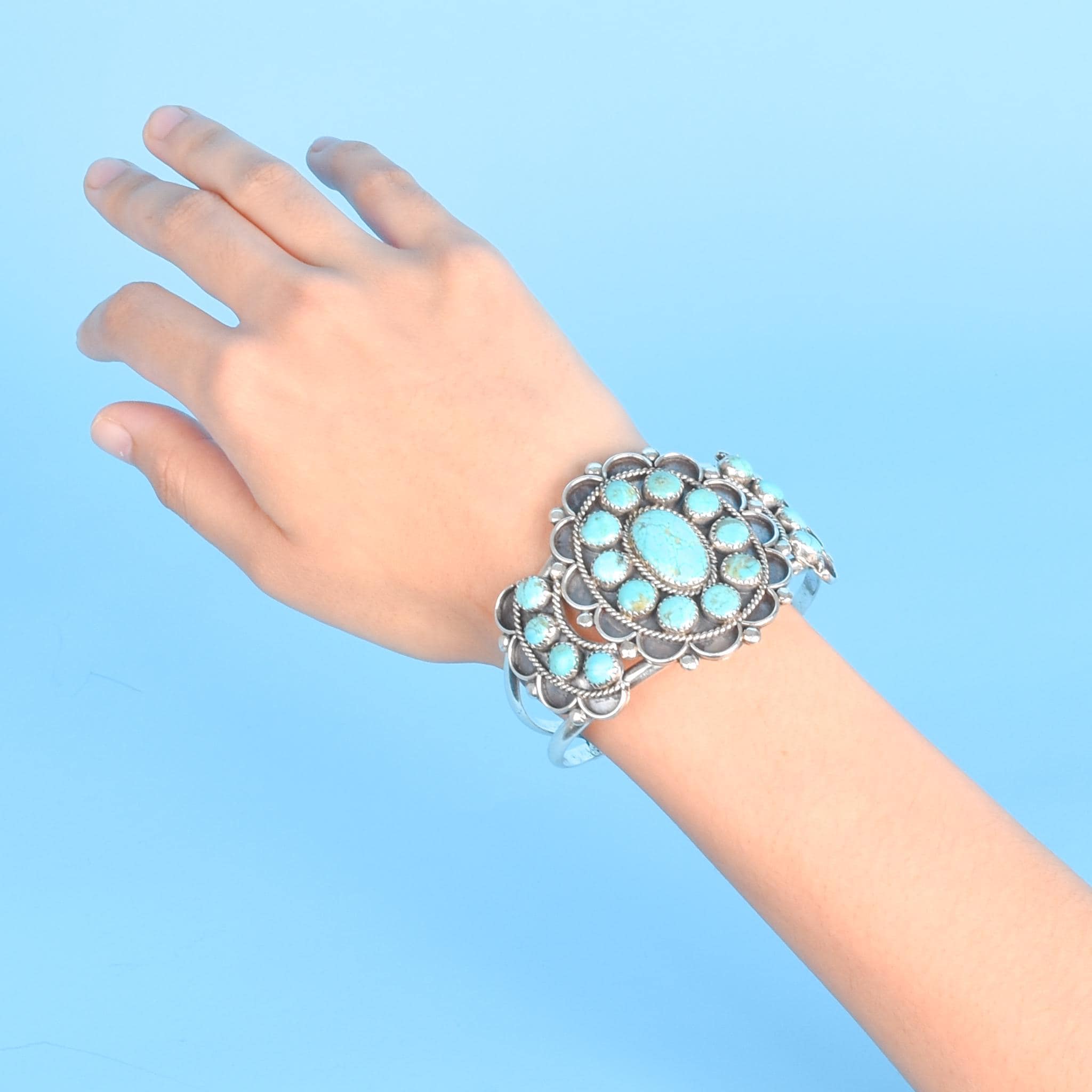 Sterling Silver Navajo Large Cluster Turquoise Cuff Bracelet