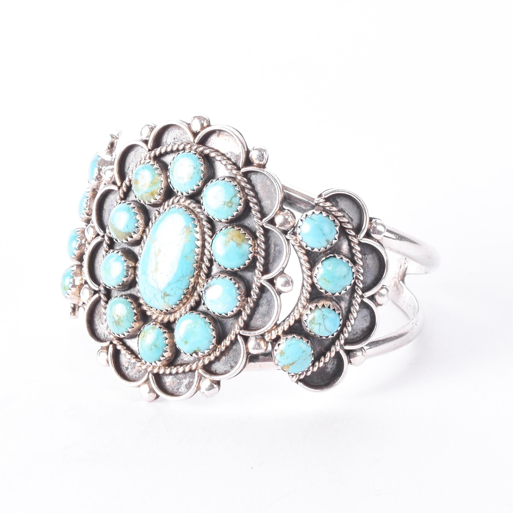 Sterling Silver Navajo Large Cluster Turquoise Cuff Bracelet