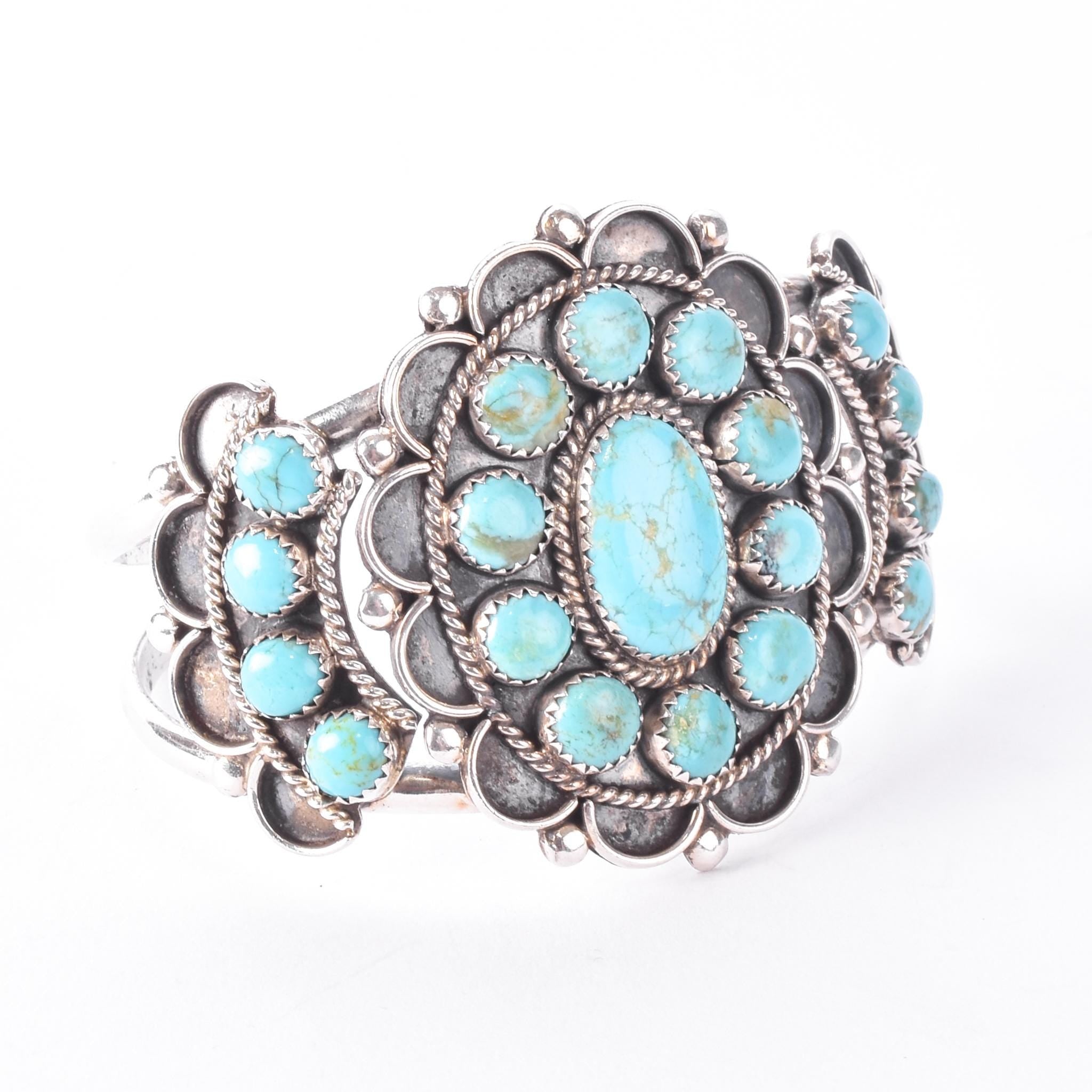 Sterling Silver Navajo Large Cluster Turquoise Cuff Bracelet