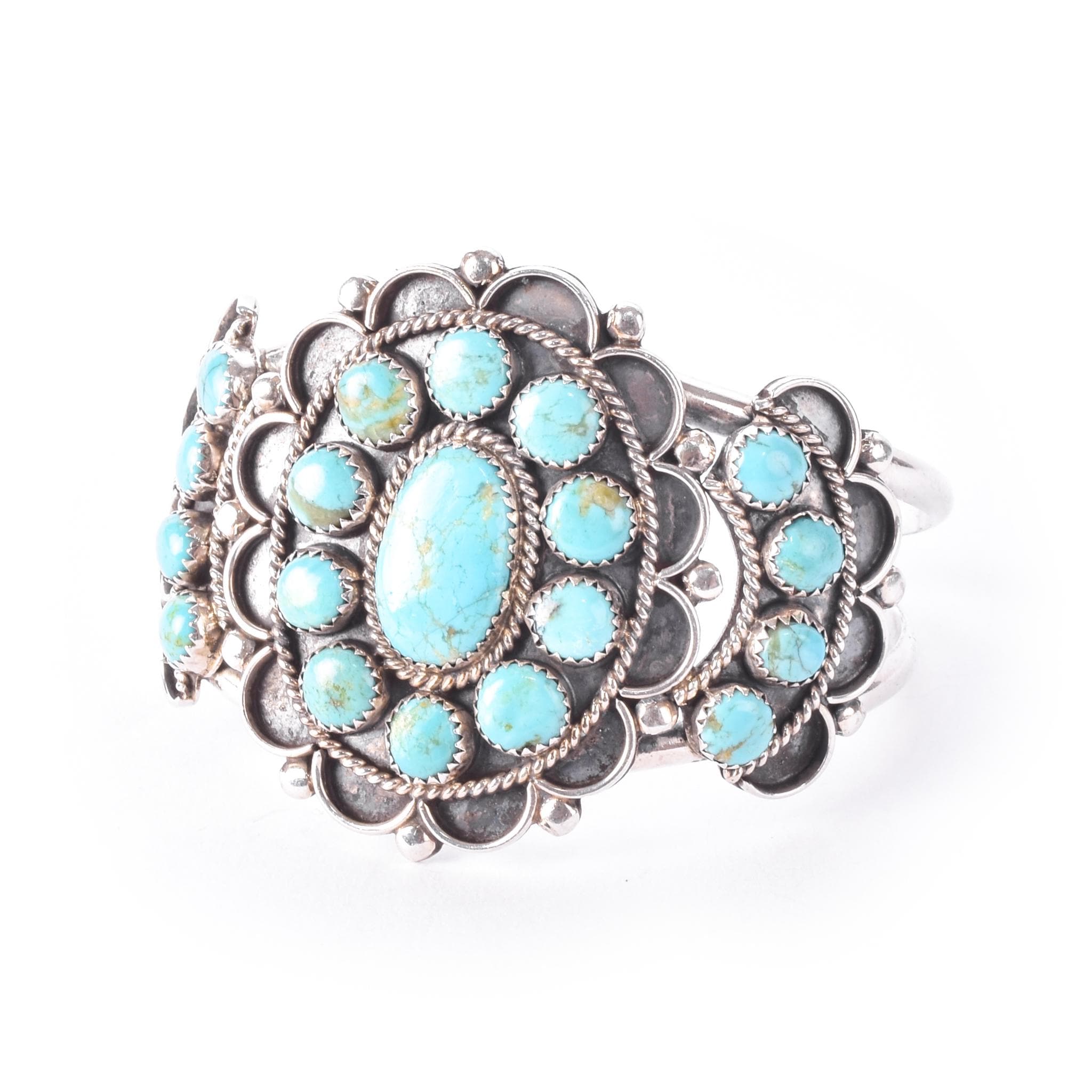 Sterling Silver Navajo Large Cluster Turquoise Cuff Bracelet