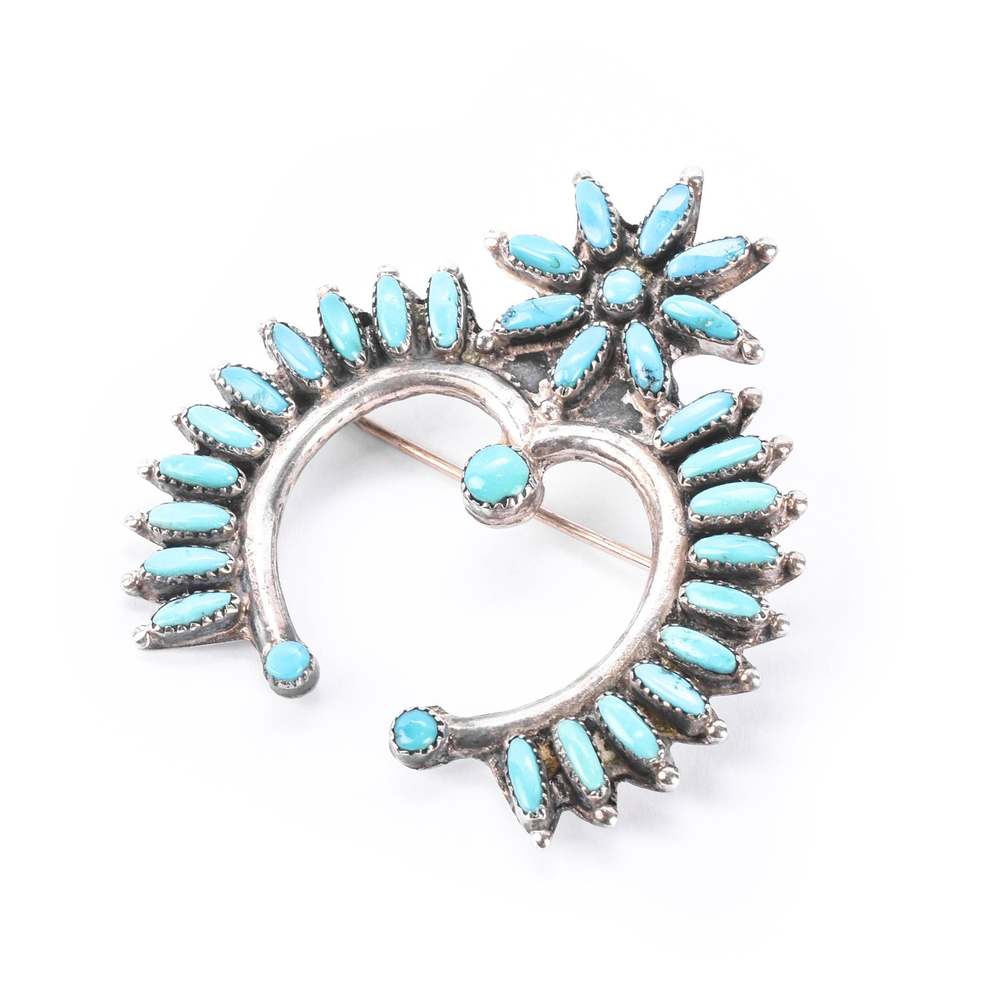 Sterling Silver Zuni Petit Point Turquoise Horseshoe Brooch