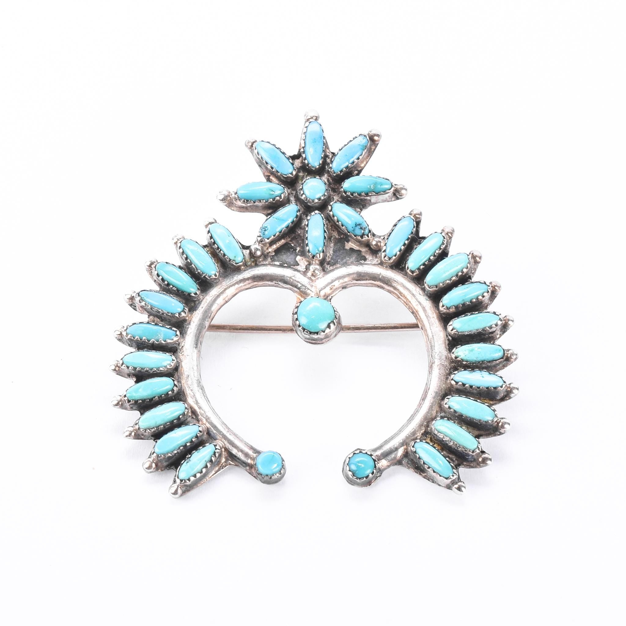Sterling Silver Zuni Petit Point Turquoise Horseshoe Brooch