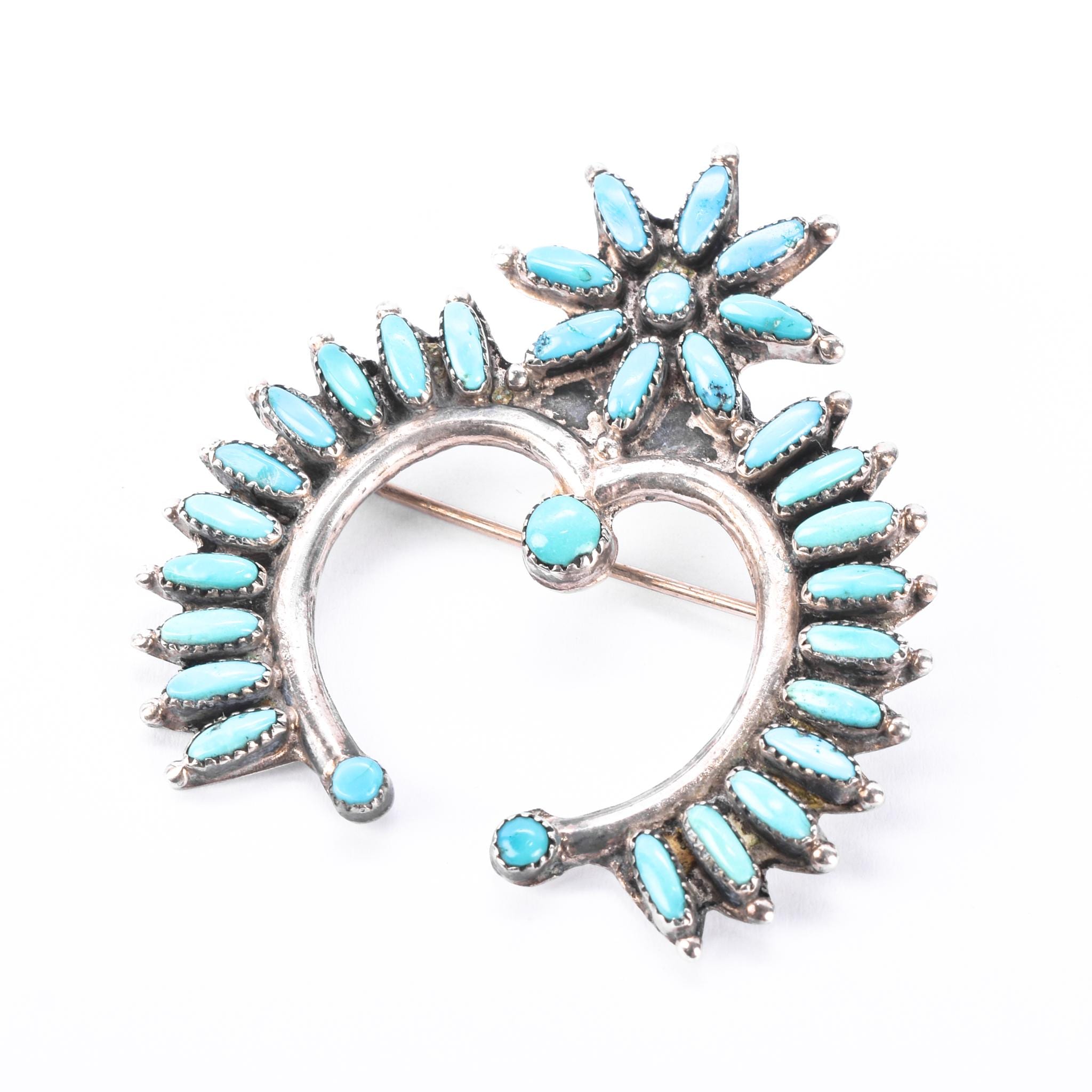 Sterling Silver Zuni Petit Point Turquoise Horseshoe Brooch