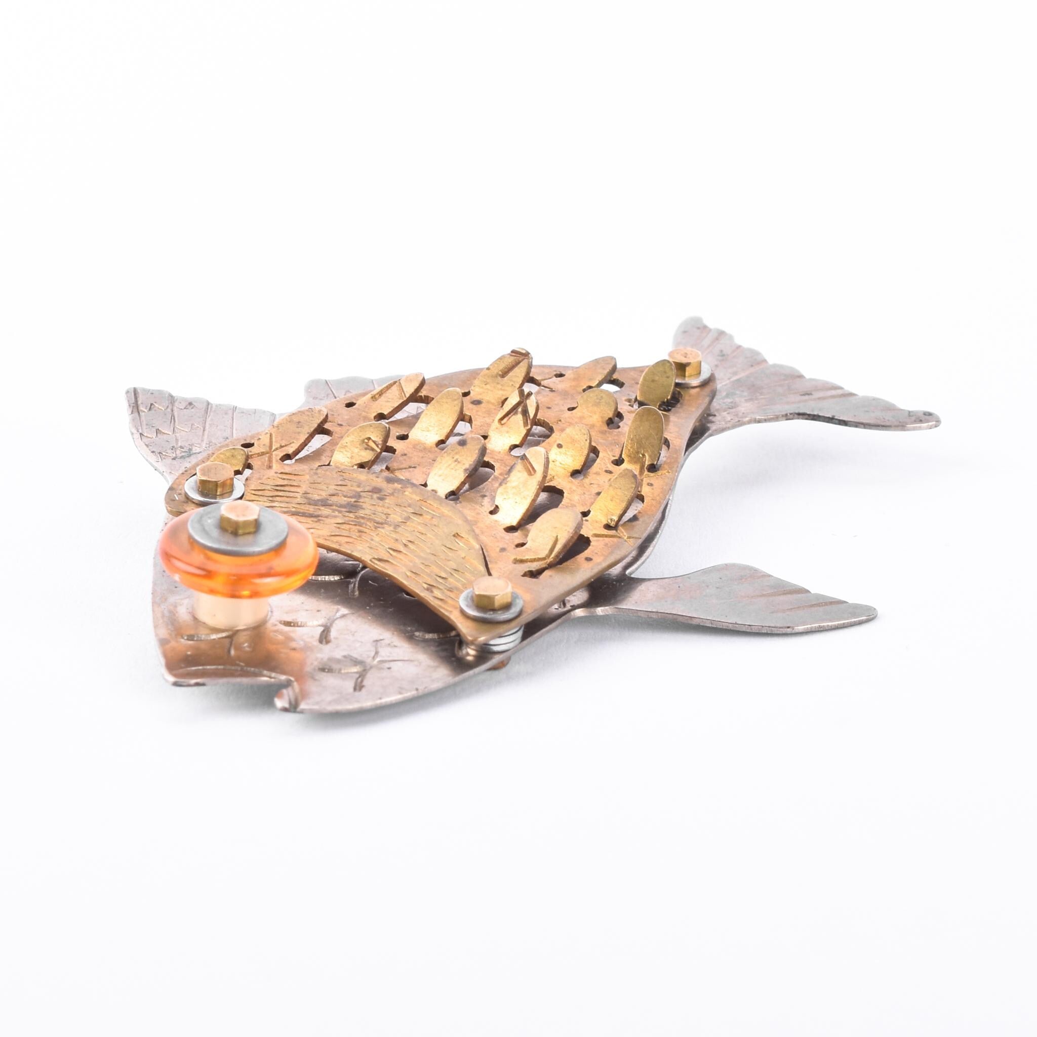 Signed Thomas Mann Sterling Silver & Bronze Fish Brooch