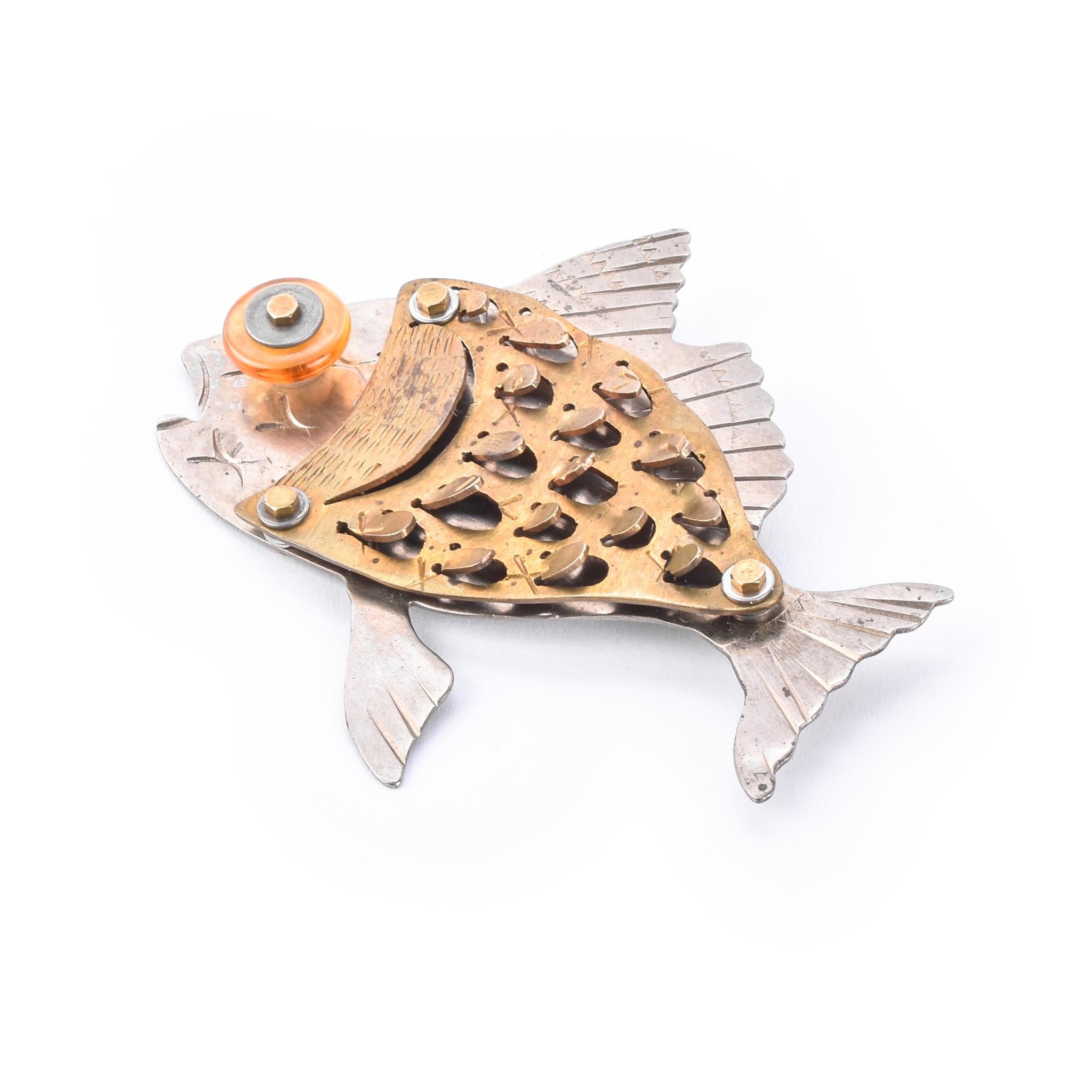 Signed Thomas Mann Sterling Silver & Bronze Fish Brooch