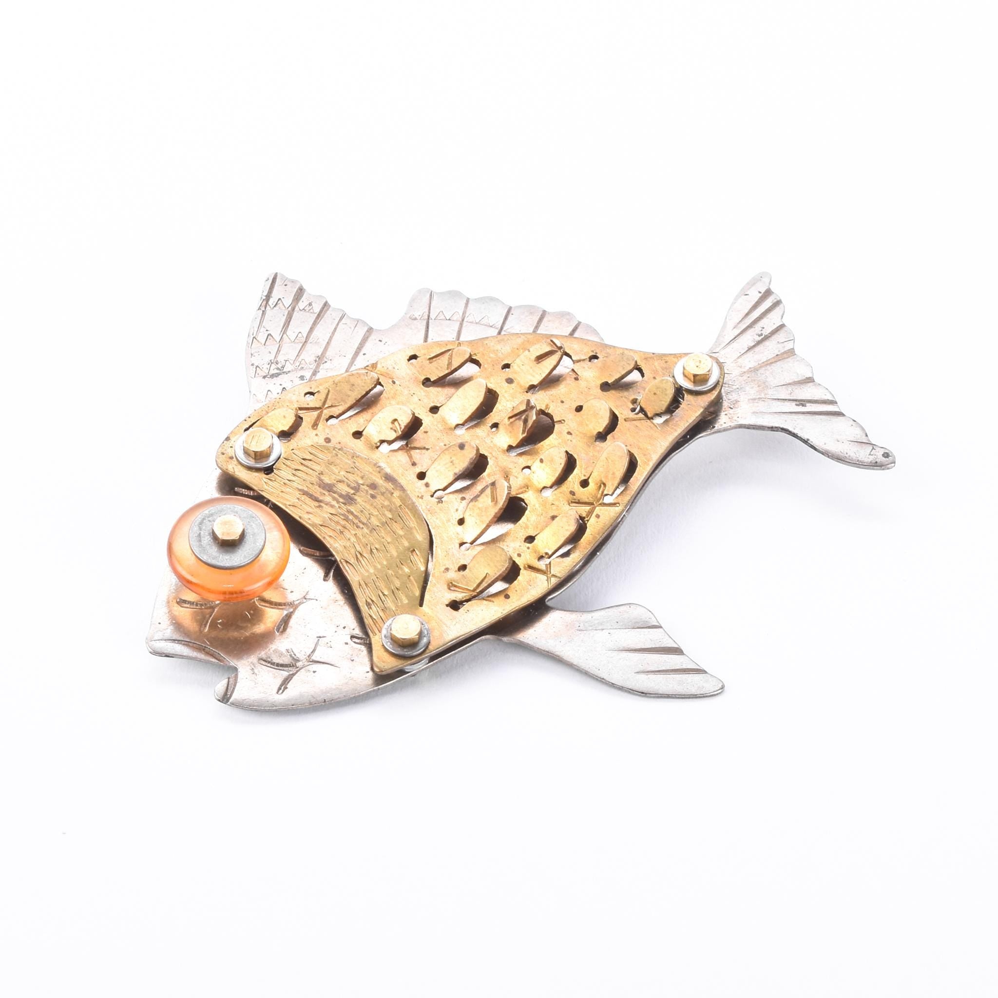 Signed Thomas Mann Sterling Silver & Bronze Fish Brooch