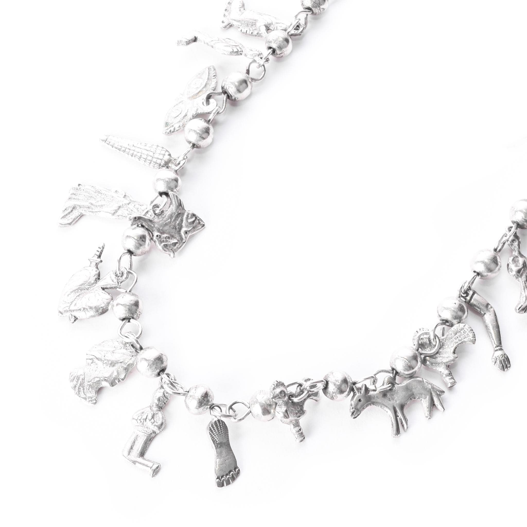 Vintage 925 Sterling Silver Mexican Milagros Charm Necklace, 31in