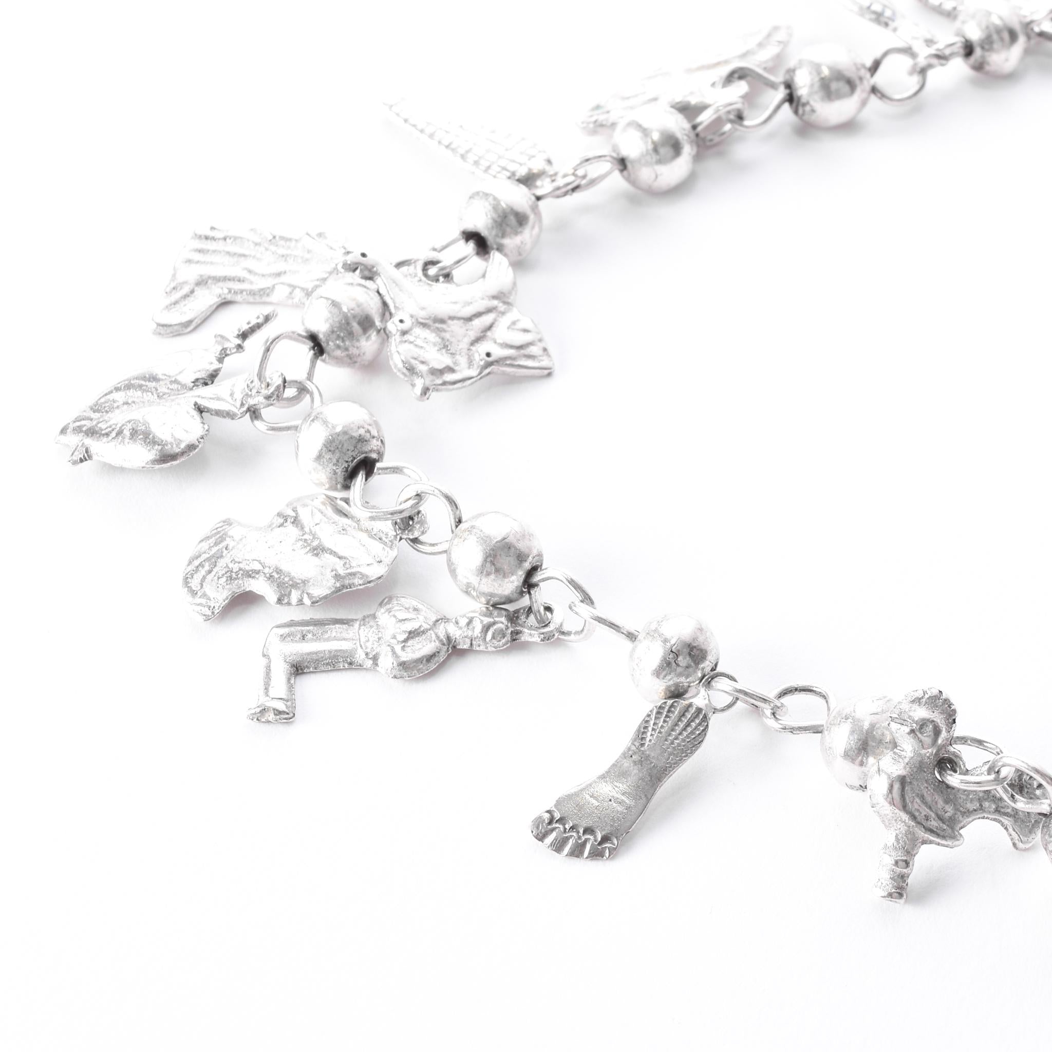 Vintage 925 Sterling Silver Mexican Milagros Charm Necklace, 31in