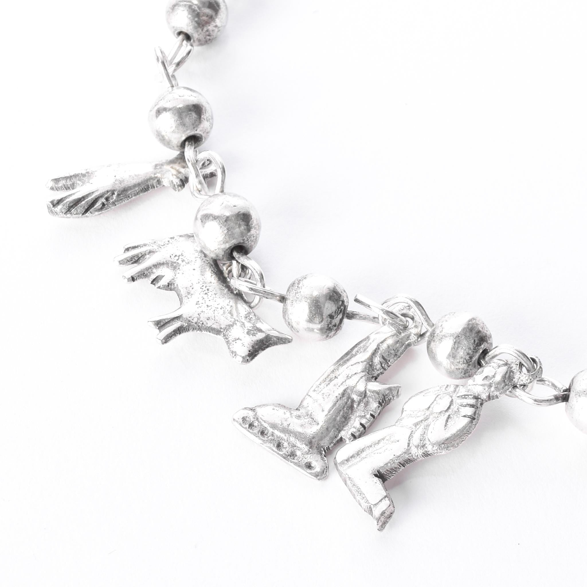 Vintage 925 Sterling Silver Mexican Milagros Charm Necklace, 31in