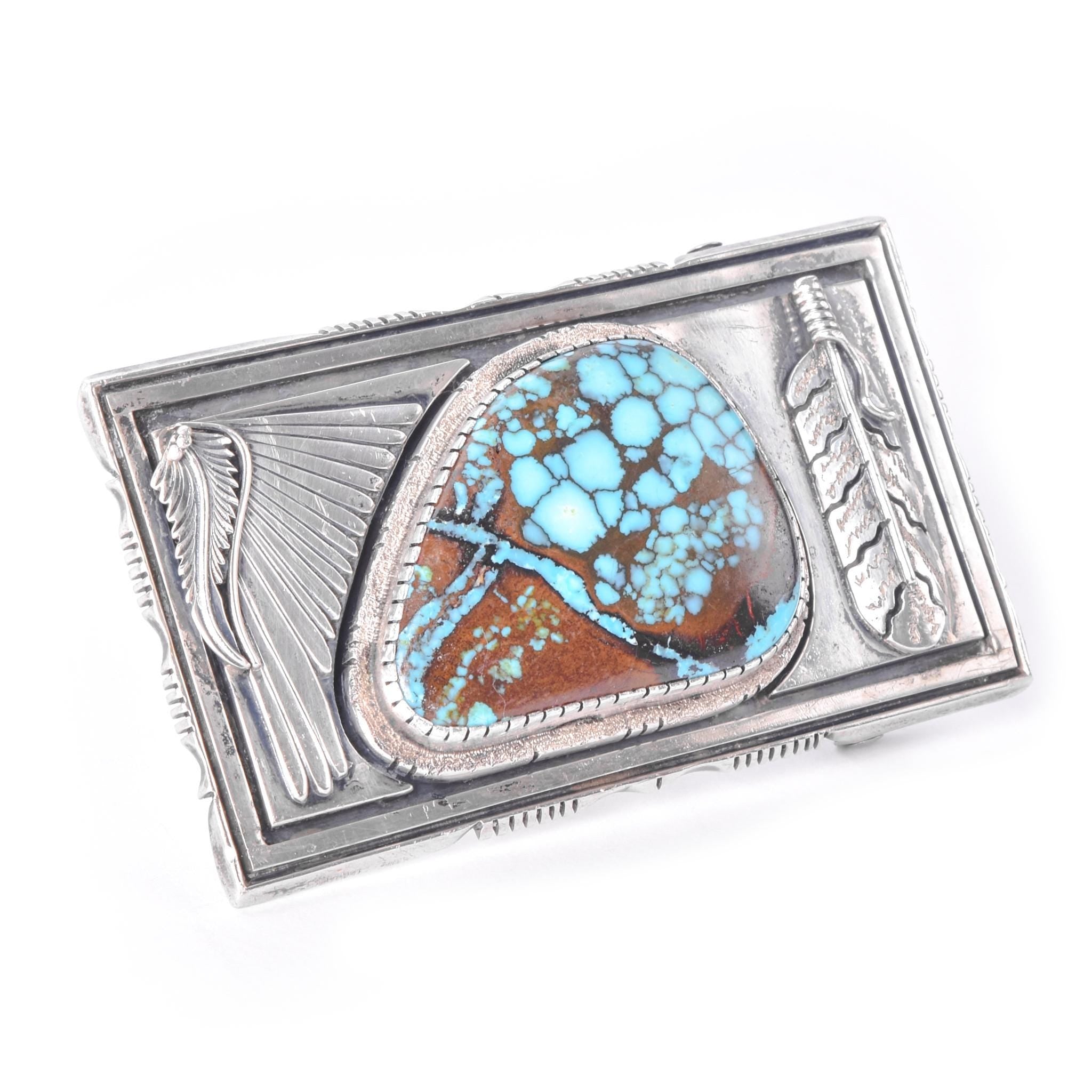 Signed Navajo Leonard Nez Sterling Silver and Turquoise Belt Buckle