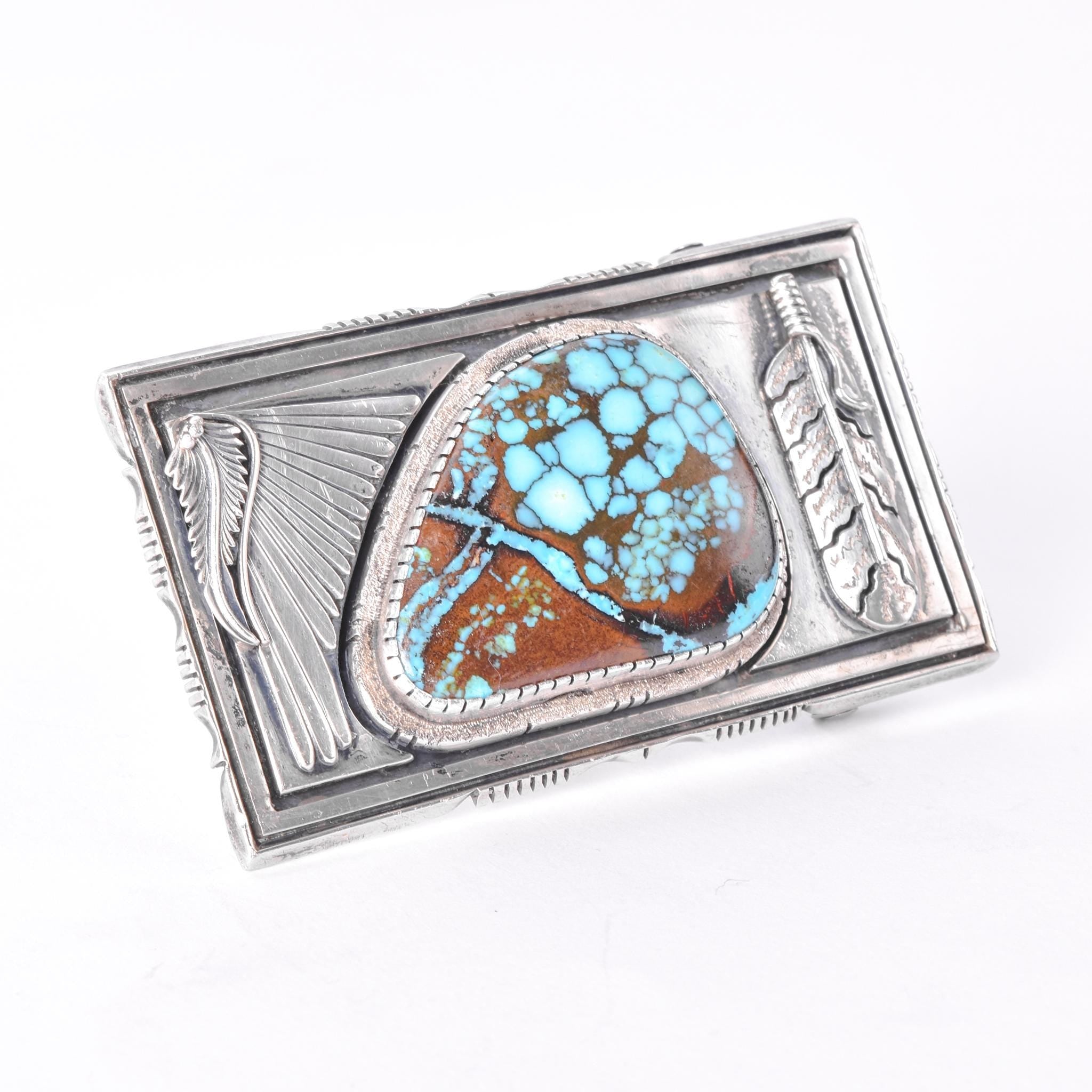 Signed Navajo Leonard Nez Sterling Silver and Turquoise Belt Buckle