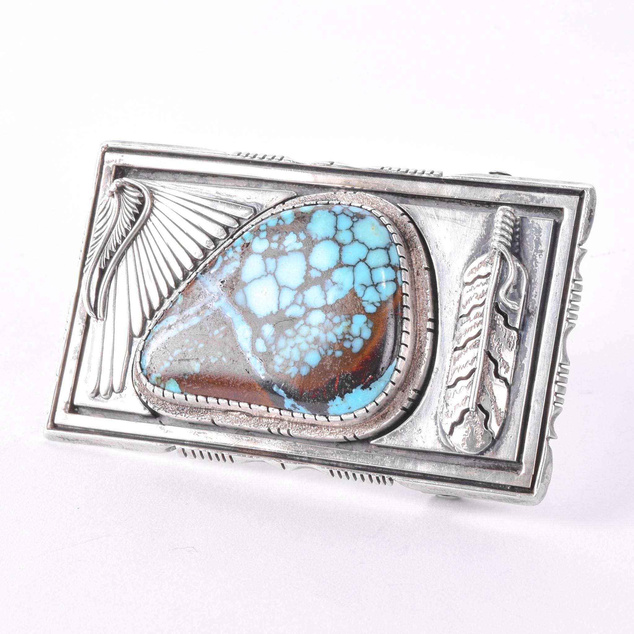Signed Navajo Leonard Nez Sterling Silver and Turquoise Belt Buckle
