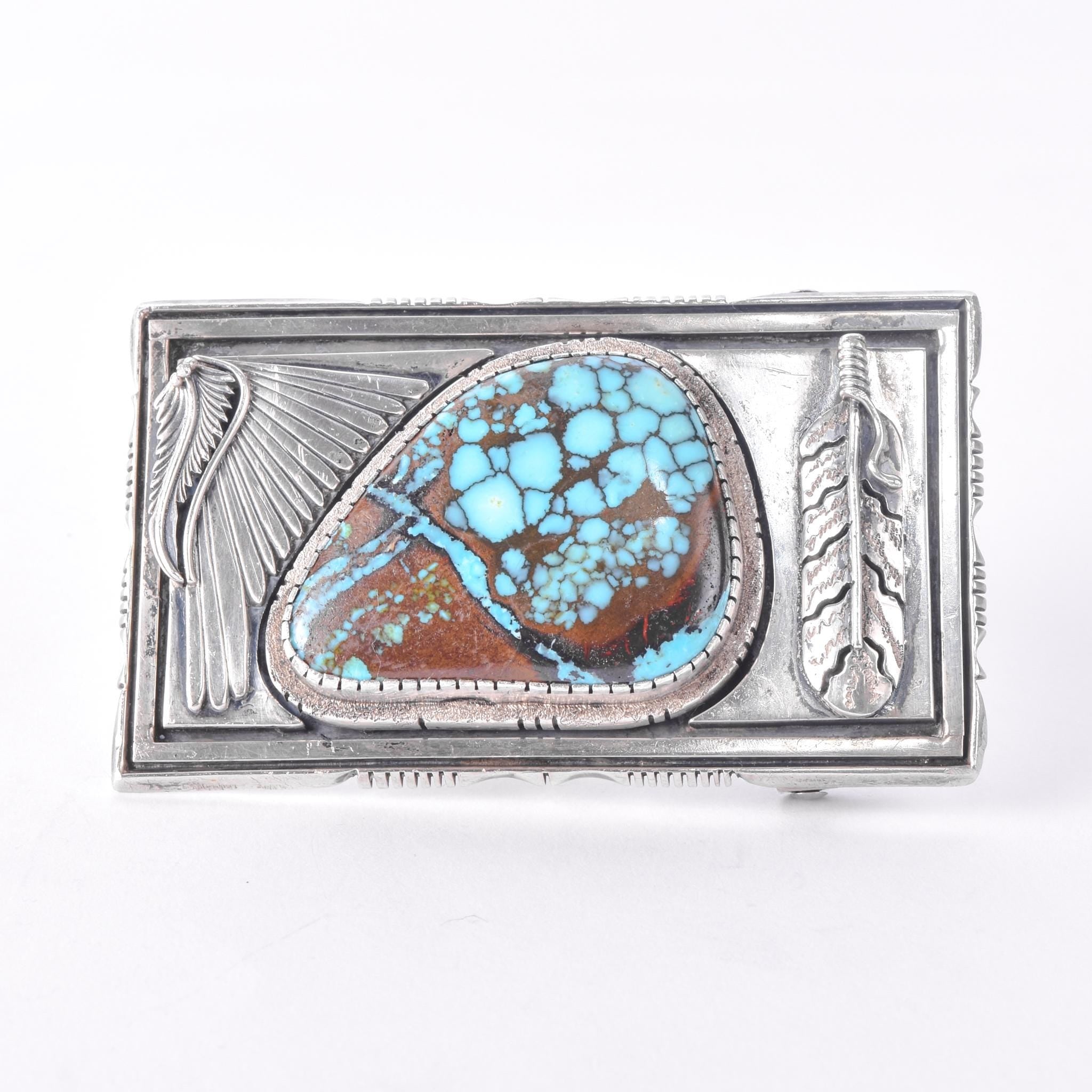 Signed Navajo Leonard Nez Sterling Silver and Turquoise Belt Buckle