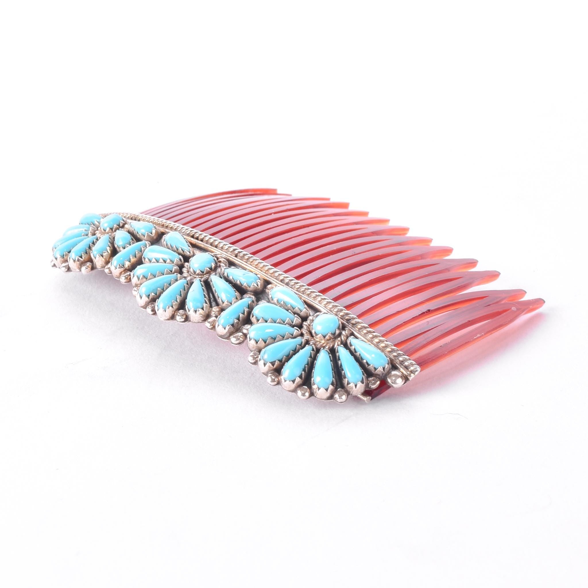 Zuni Sterling Silver and Turquoise Petit Point Hair Comb Barette
