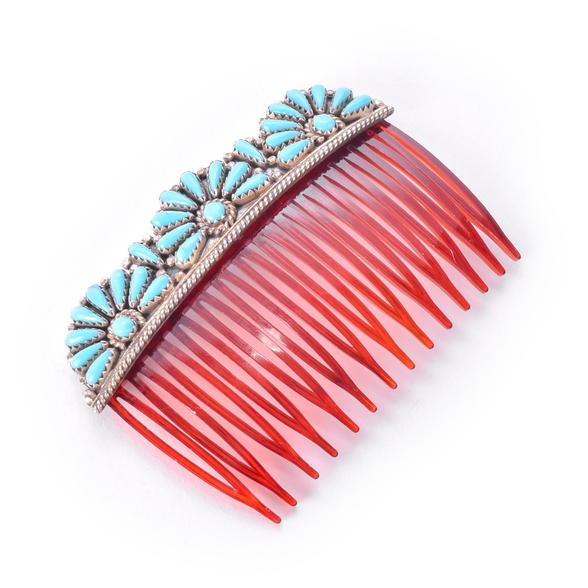 Zuni Sterling Silver and Turquoise Petit Point Hair Comb Barette