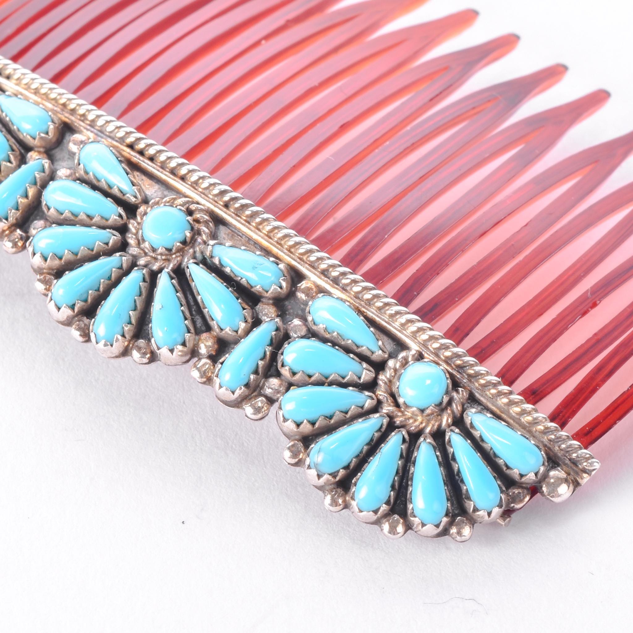 Zuni Sterling Silver and Turquoise Petit Point Hair Comb Barette