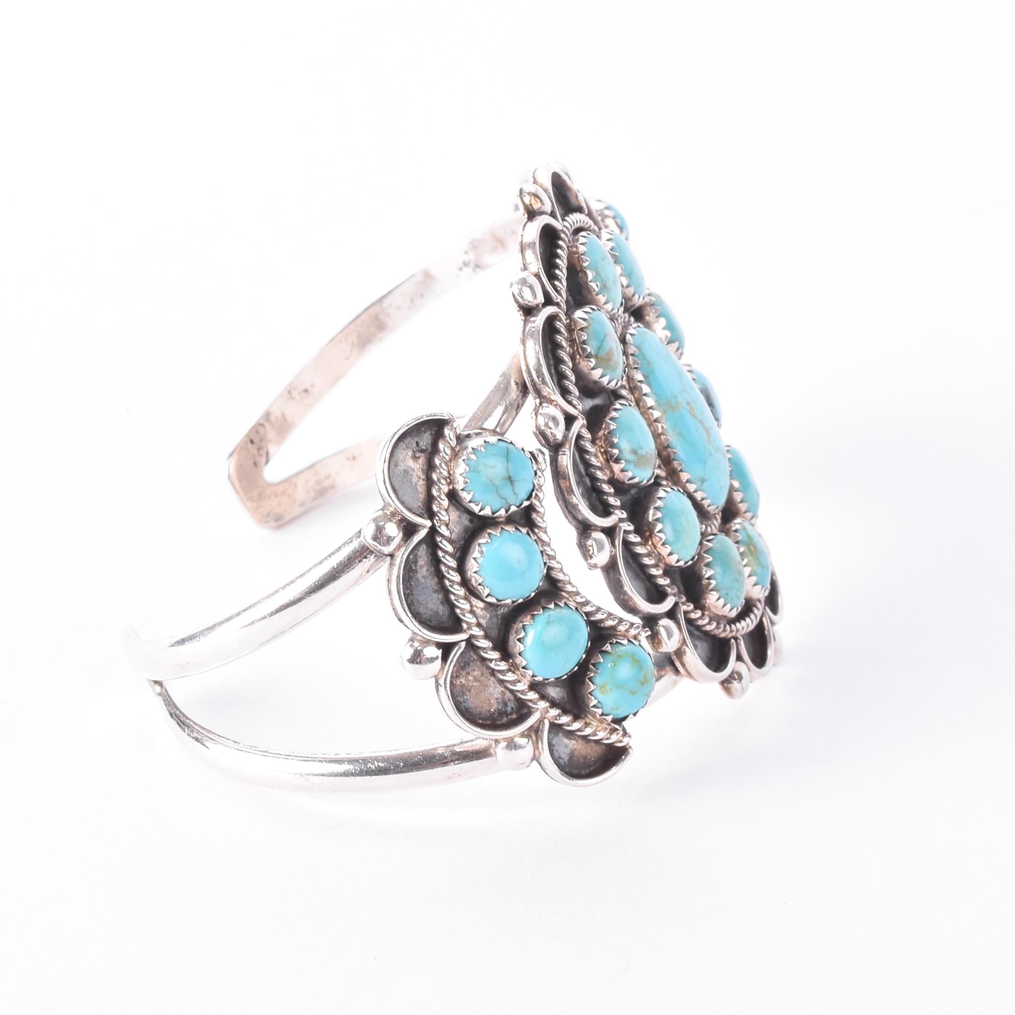 Sterling Silver Navajo Large Cluster Turquoise Cuff Bracelet