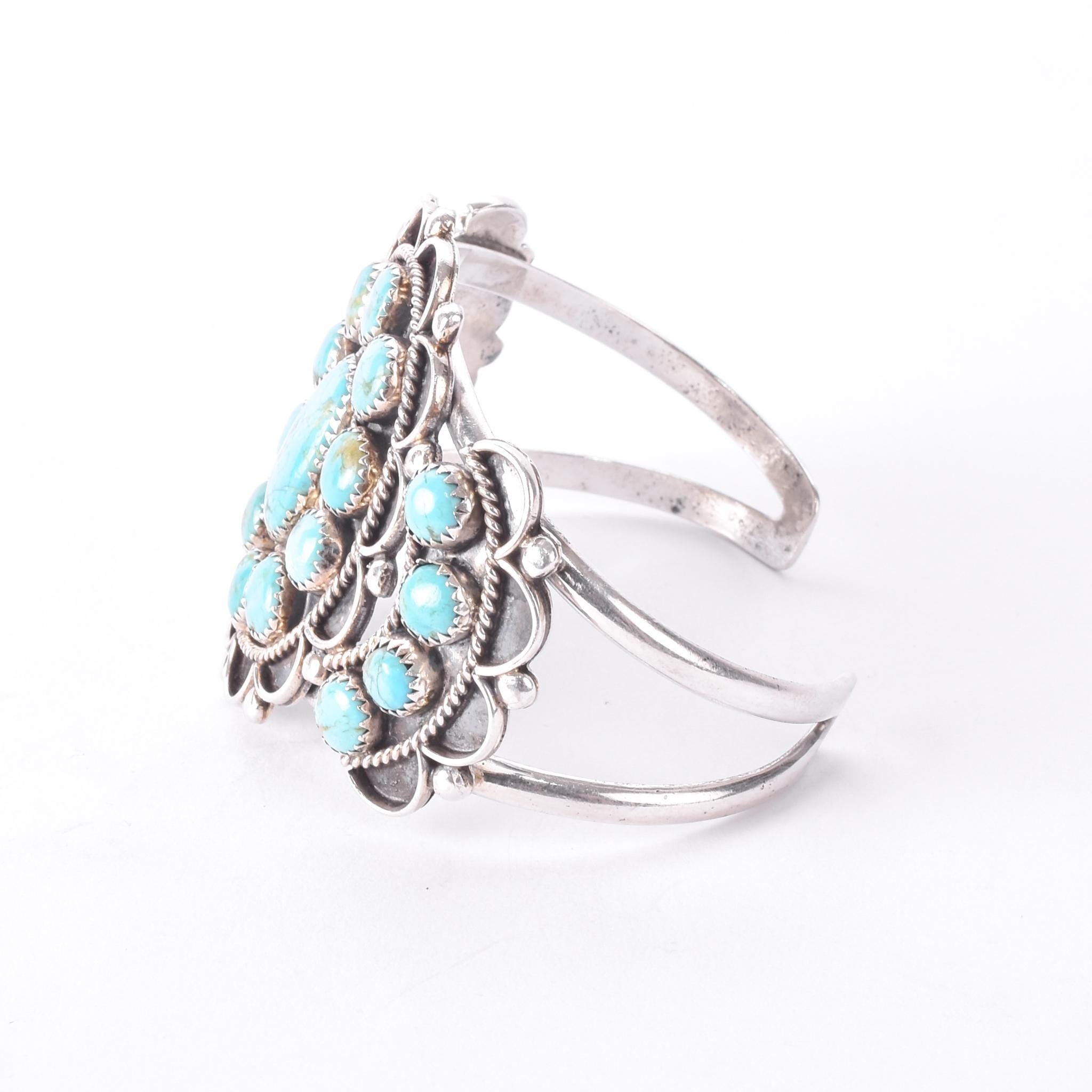 Sterling Silver Navajo Large Cluster Turquoise Cuff Bracelet