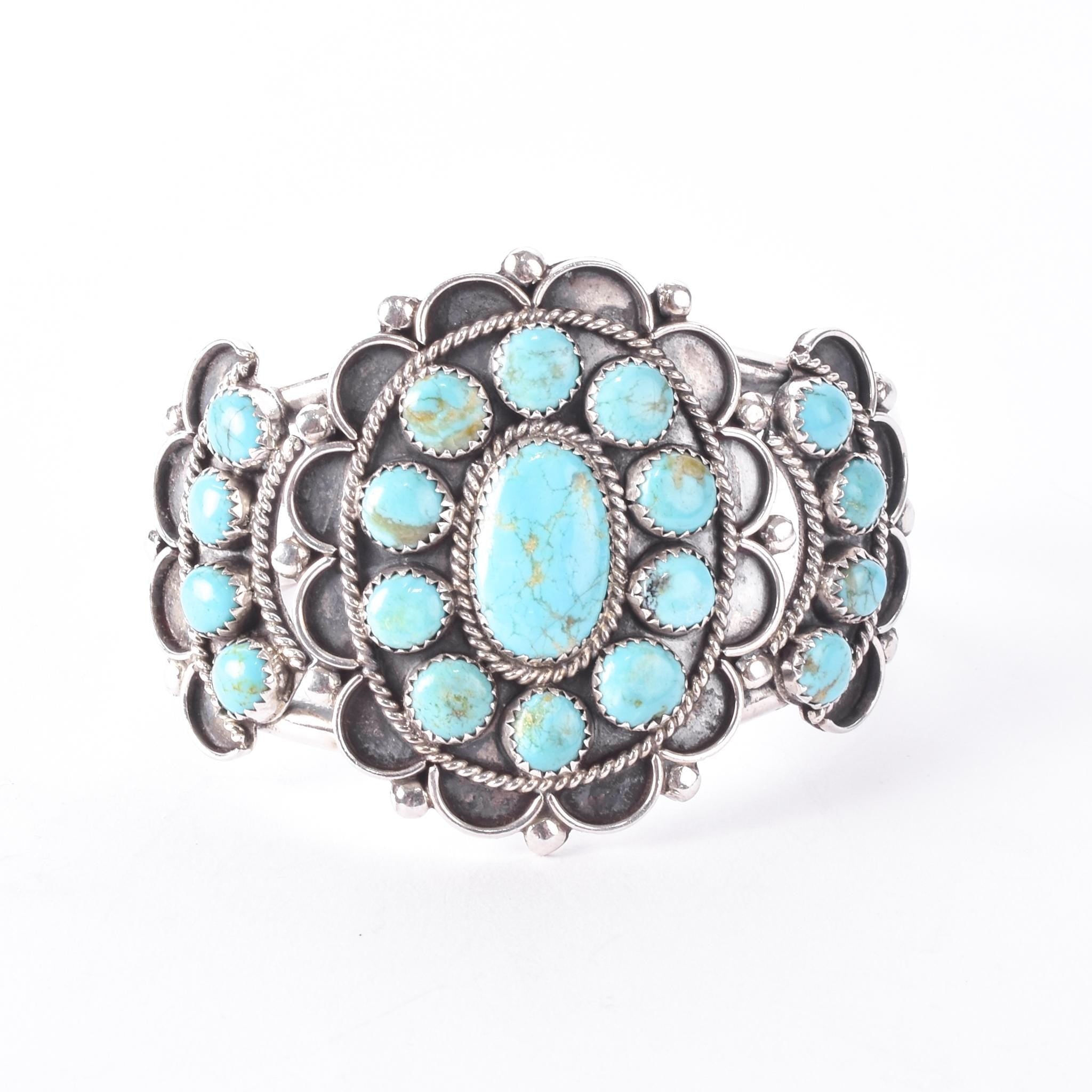 Sterling Silver Navajo Large Cluster Turquoise Cuff Bracelet