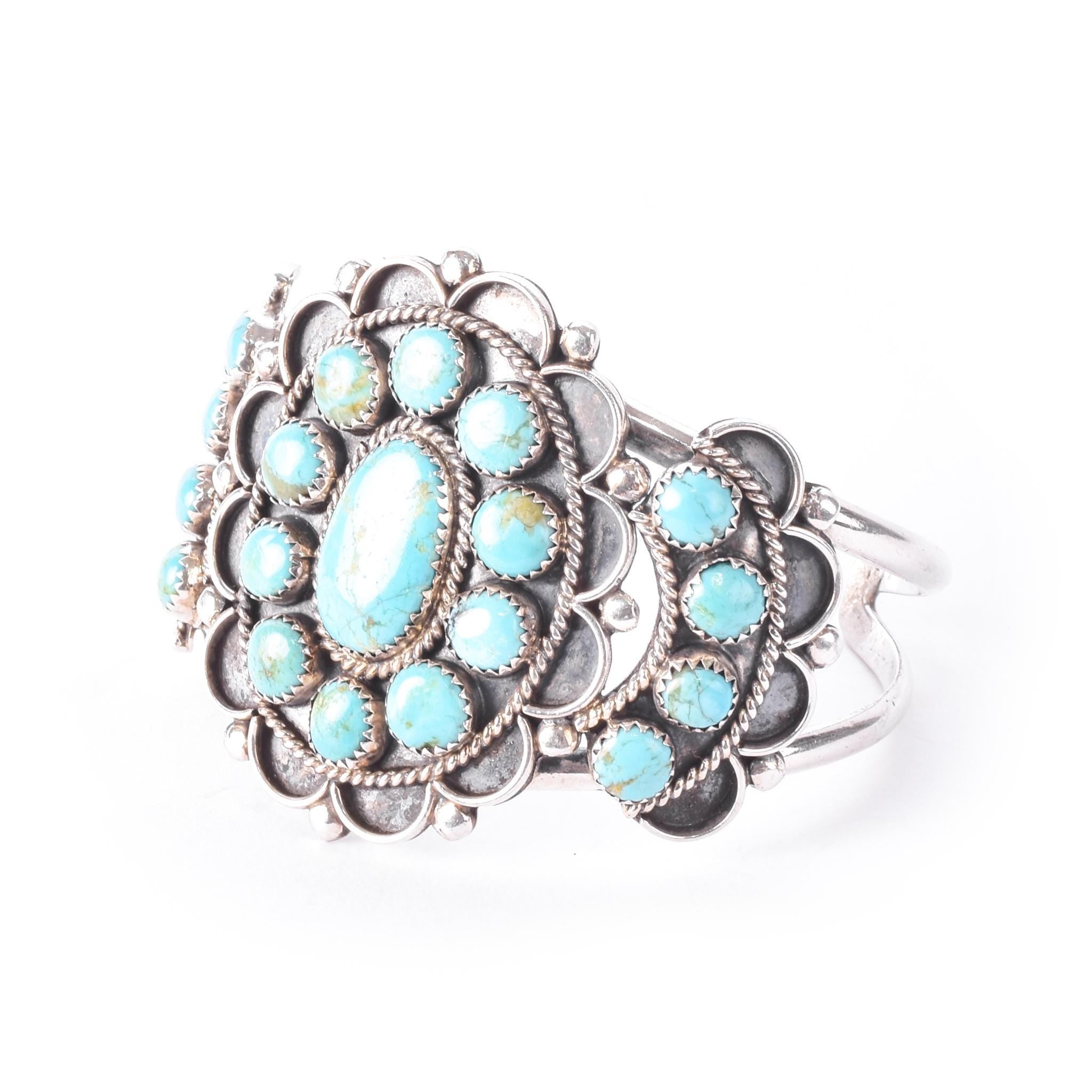 Sterling Silver Navajo Large Cluster Turquoise Cuff Bracelet