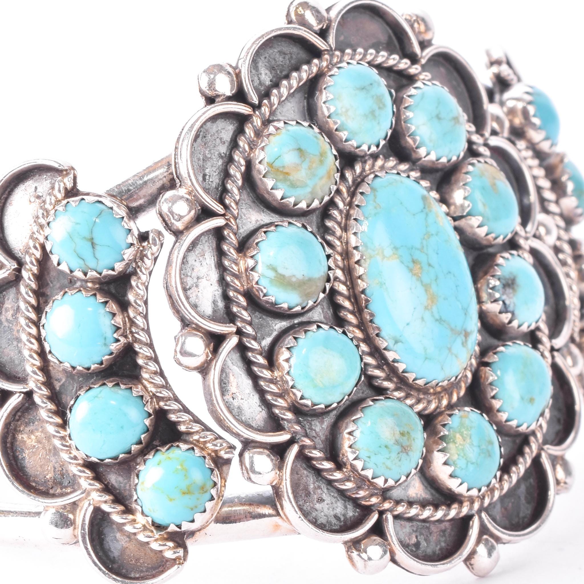 Sterling Silver Navajo Large Cluster Turquoise Cuff Bracelet