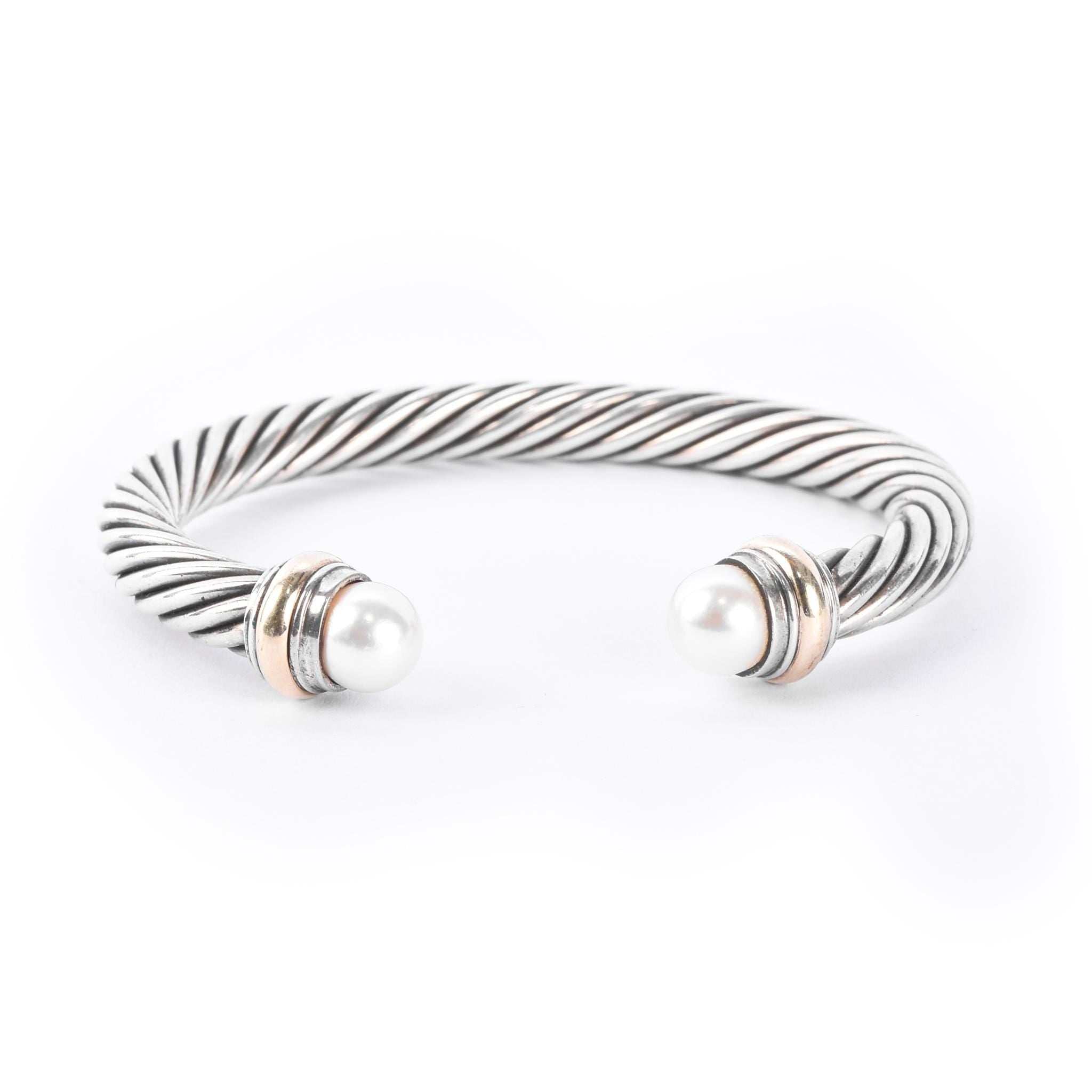David Yurman Sterling Silver & 14K Gold Cable Collection Cuff with Pearls