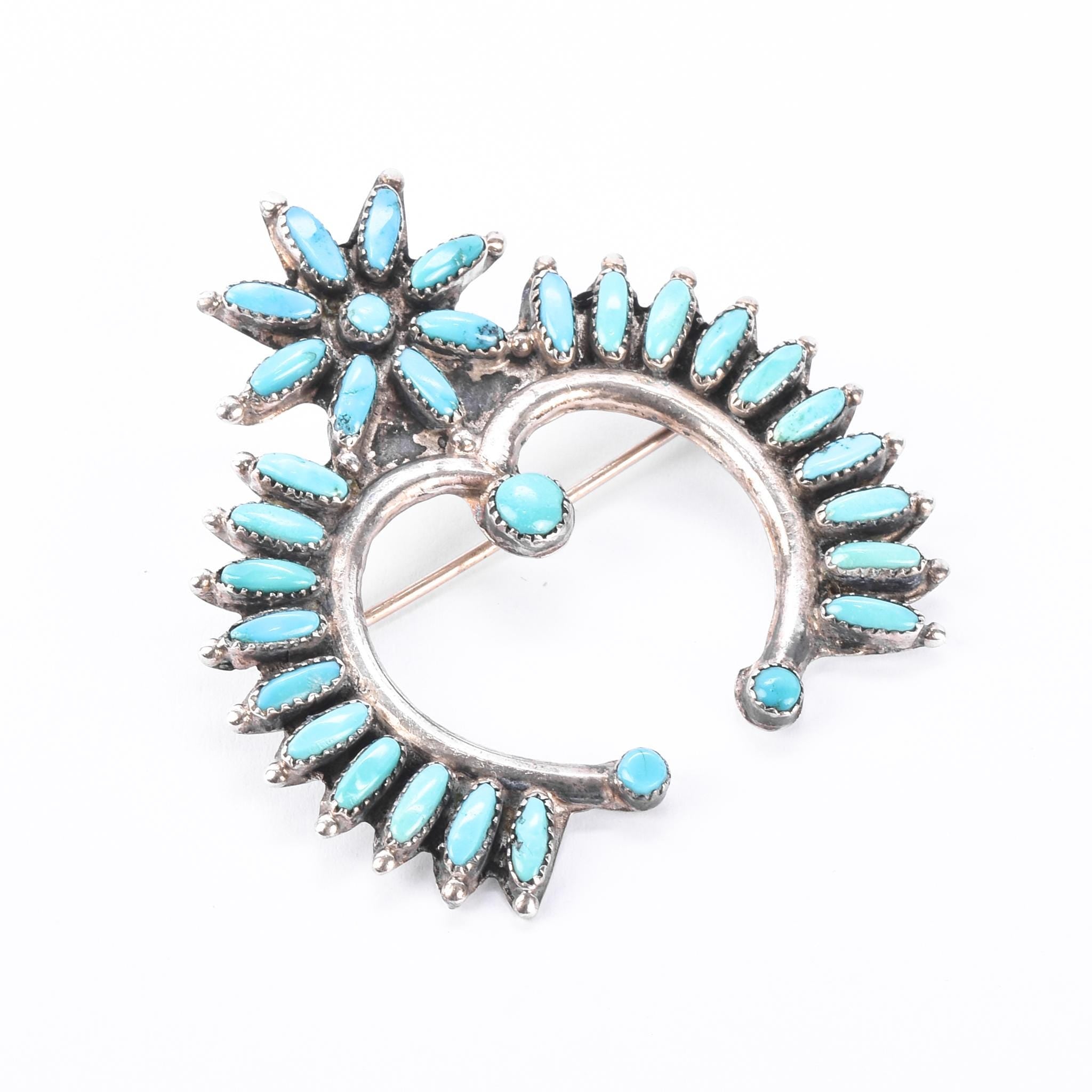 Sterling Silver Zuni Petit Point Turquoise Horseshoe Brooch