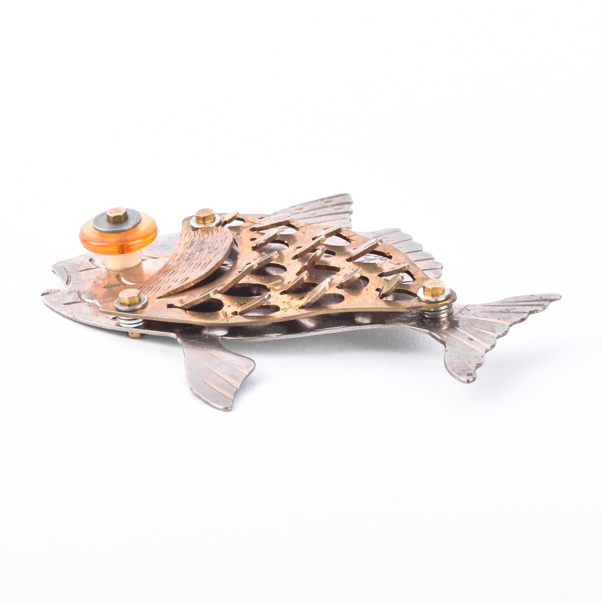Signed Thomas Mann Sterling Silver & Bronze Fish Brooch