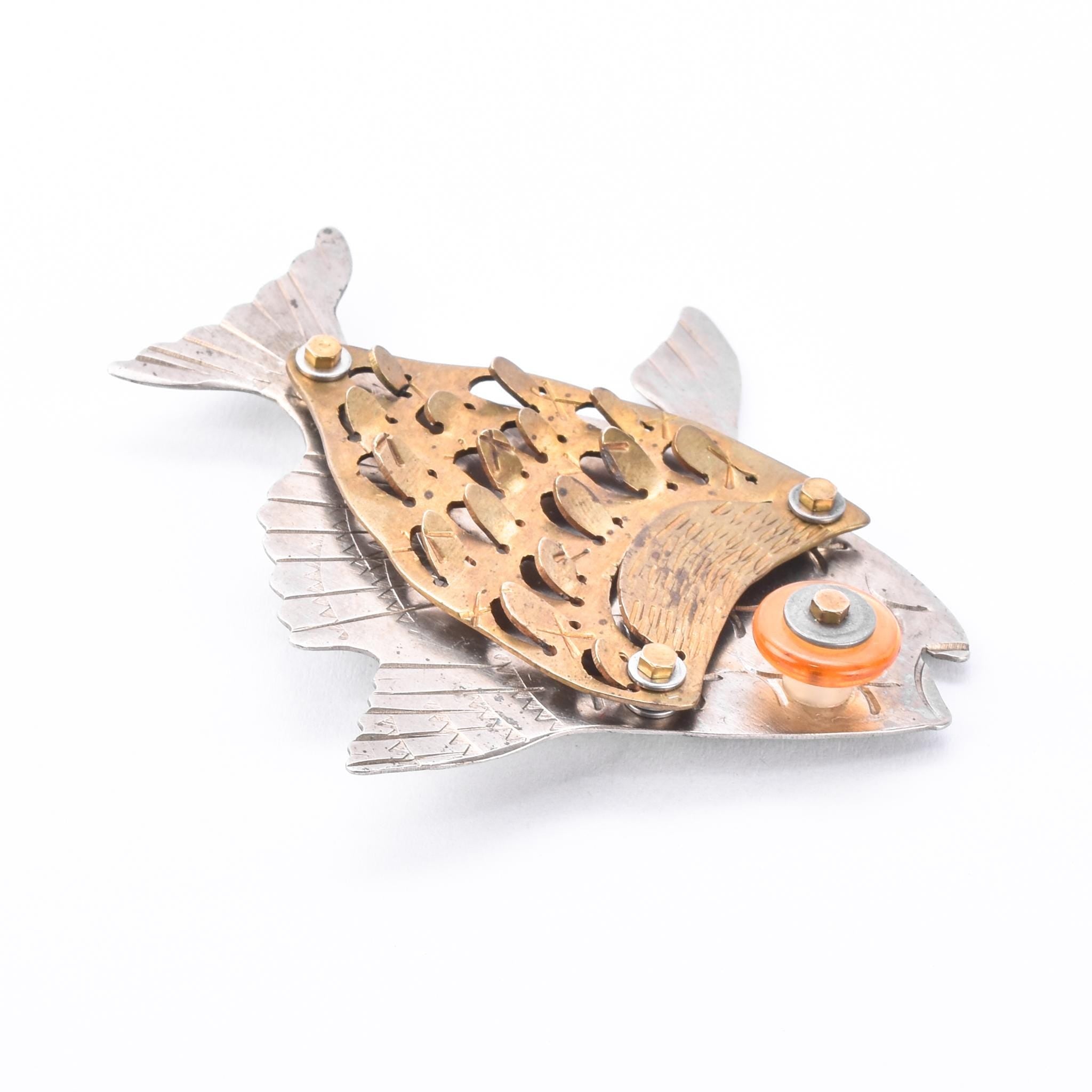 Signed Thomas Mann Sterling Silver & Bronze Fish Brooch